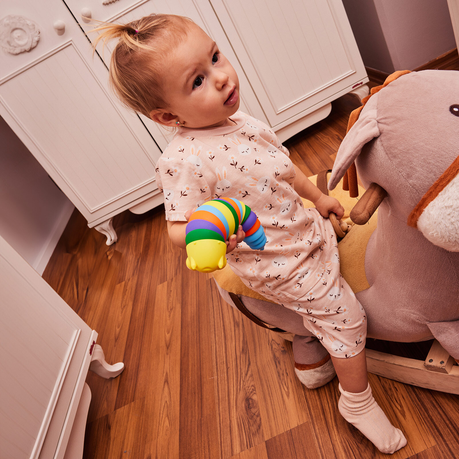 Kısa Kol Tavşan Desenli Bisiklet Yaka  Pijama Takımı Kız Bebek