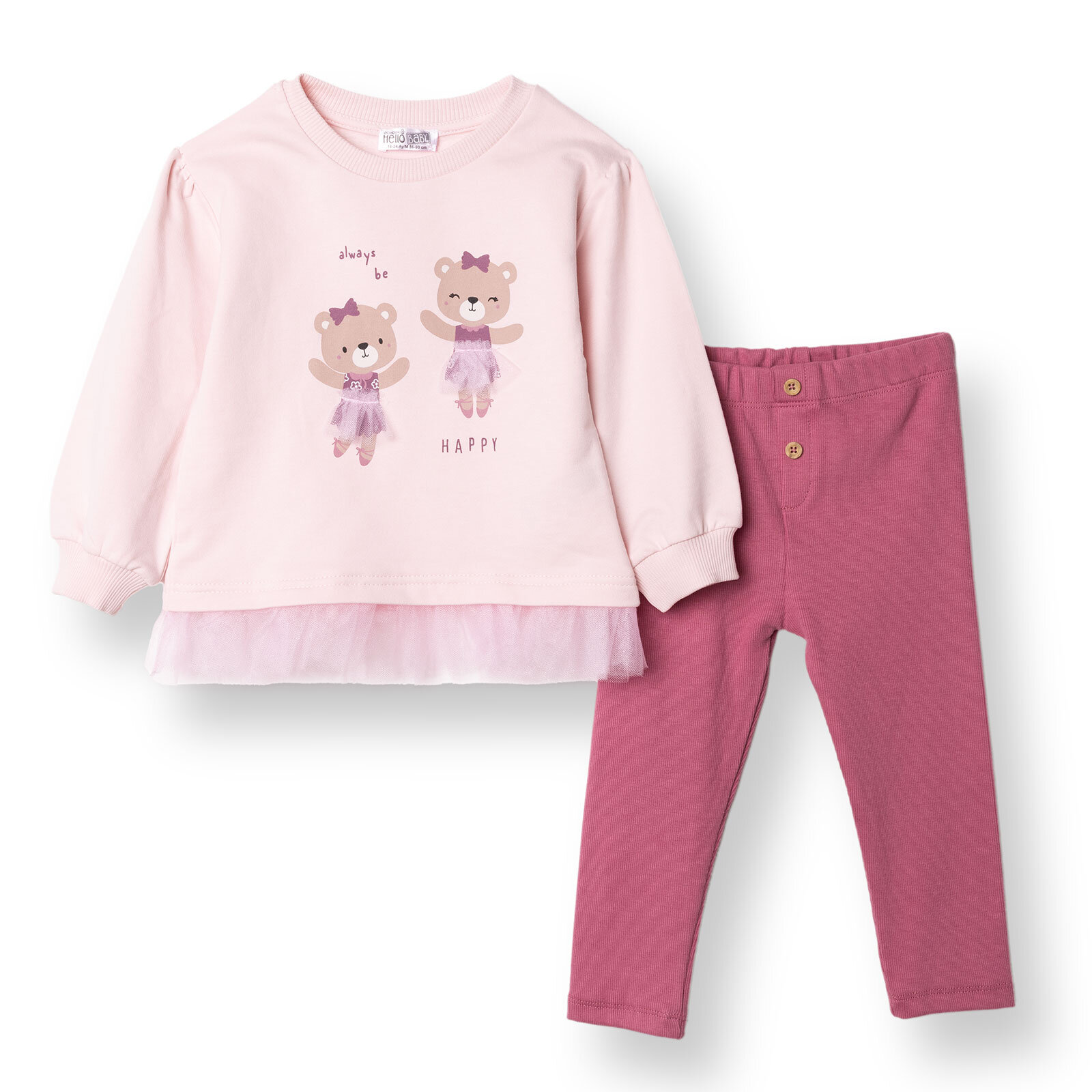 Kız Bebek Bluz - Tayt Enjoy Bear İki İplik Uzun Kol Reçme Paça