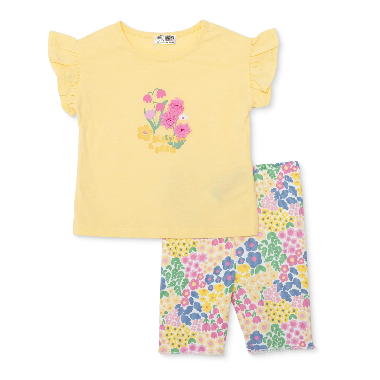 Kız Bebek Ditsy Flower Bluz - Tayt Bisiklet Yaka Kısa Kol Reçme Paça