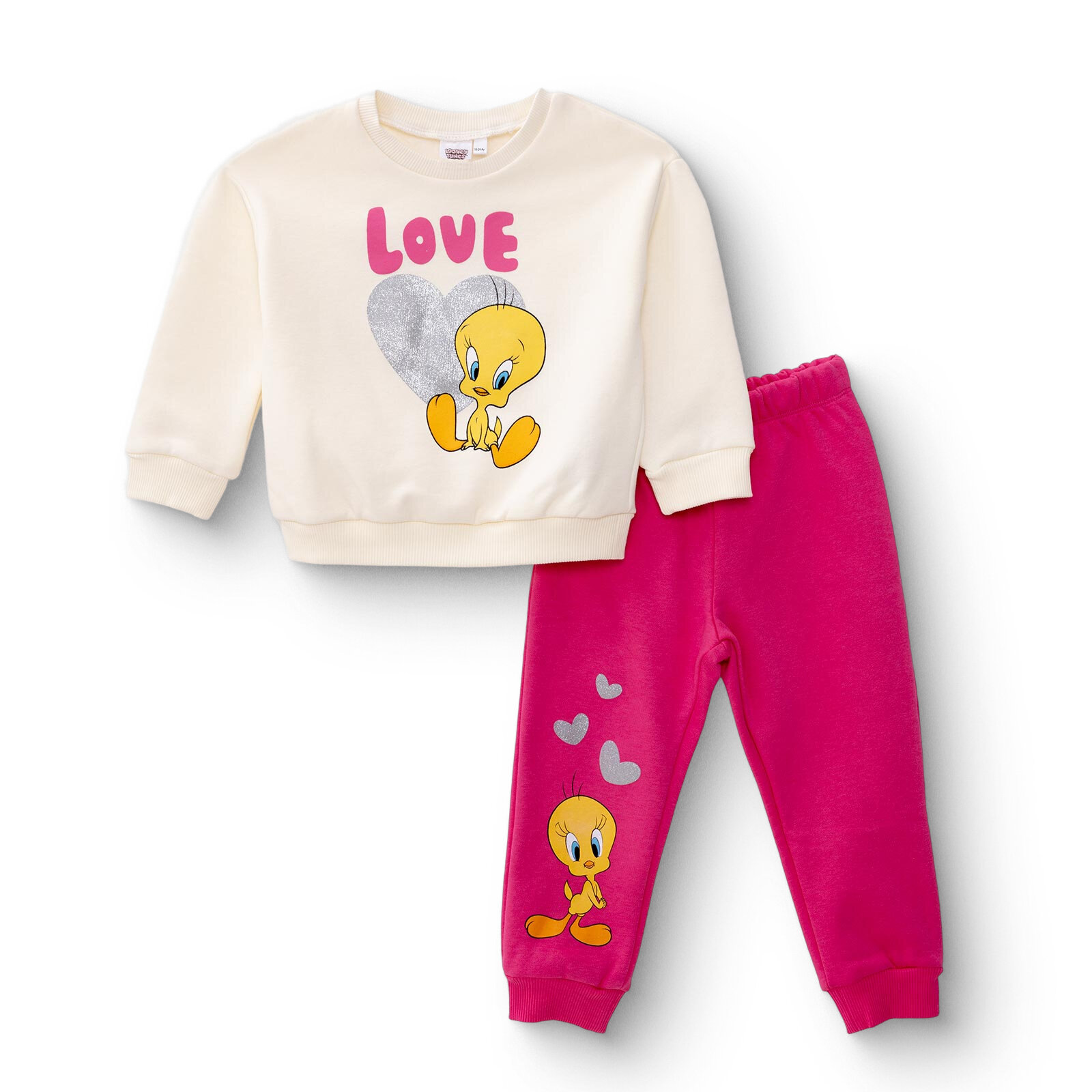 Kız Bebek Eşofman Takımı Üç İplik Bisiklet Yaka Uzun Kol Ribanalı Paça