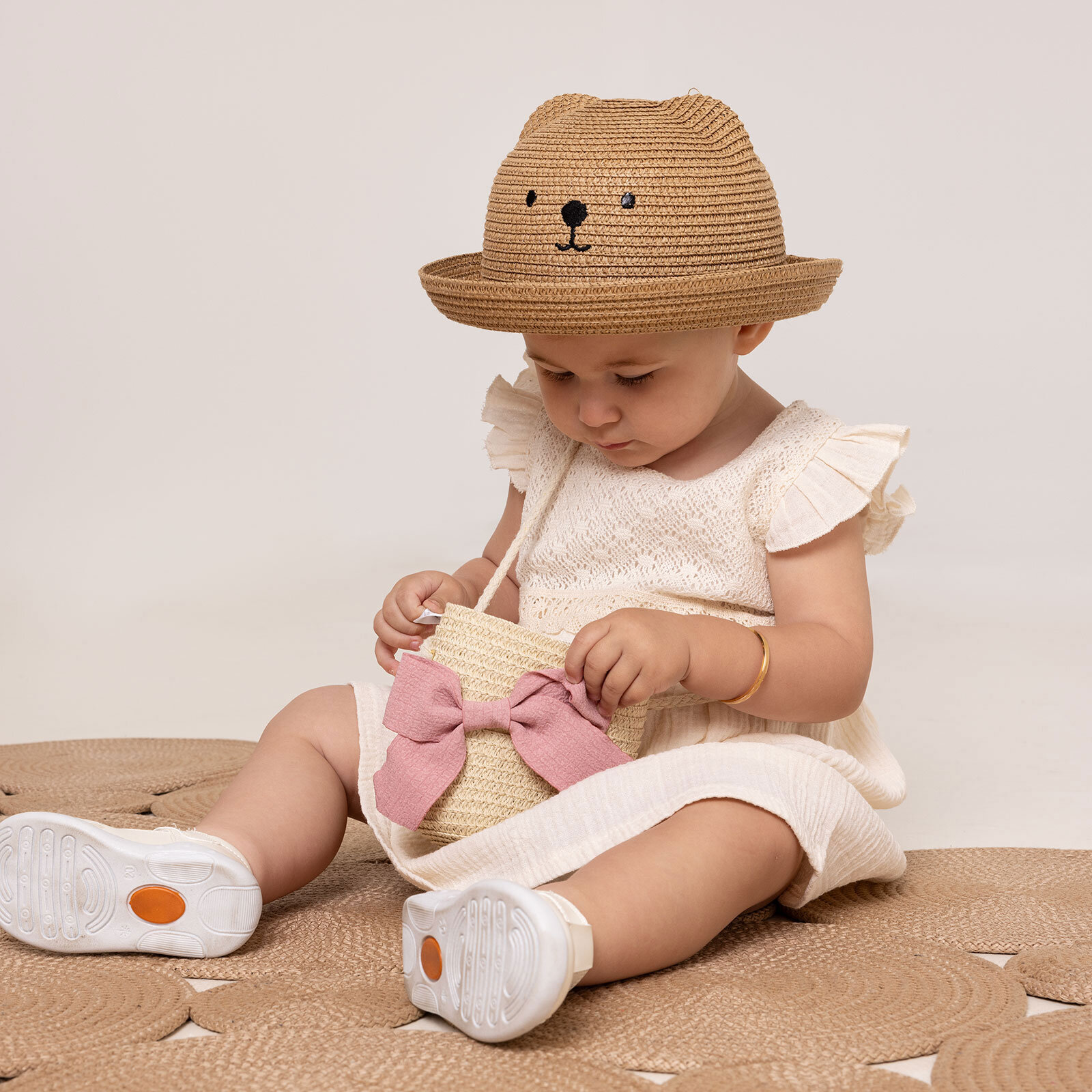 Kız Bebek Fiyonk Hasır Çocuk Çantası Fermuarlı