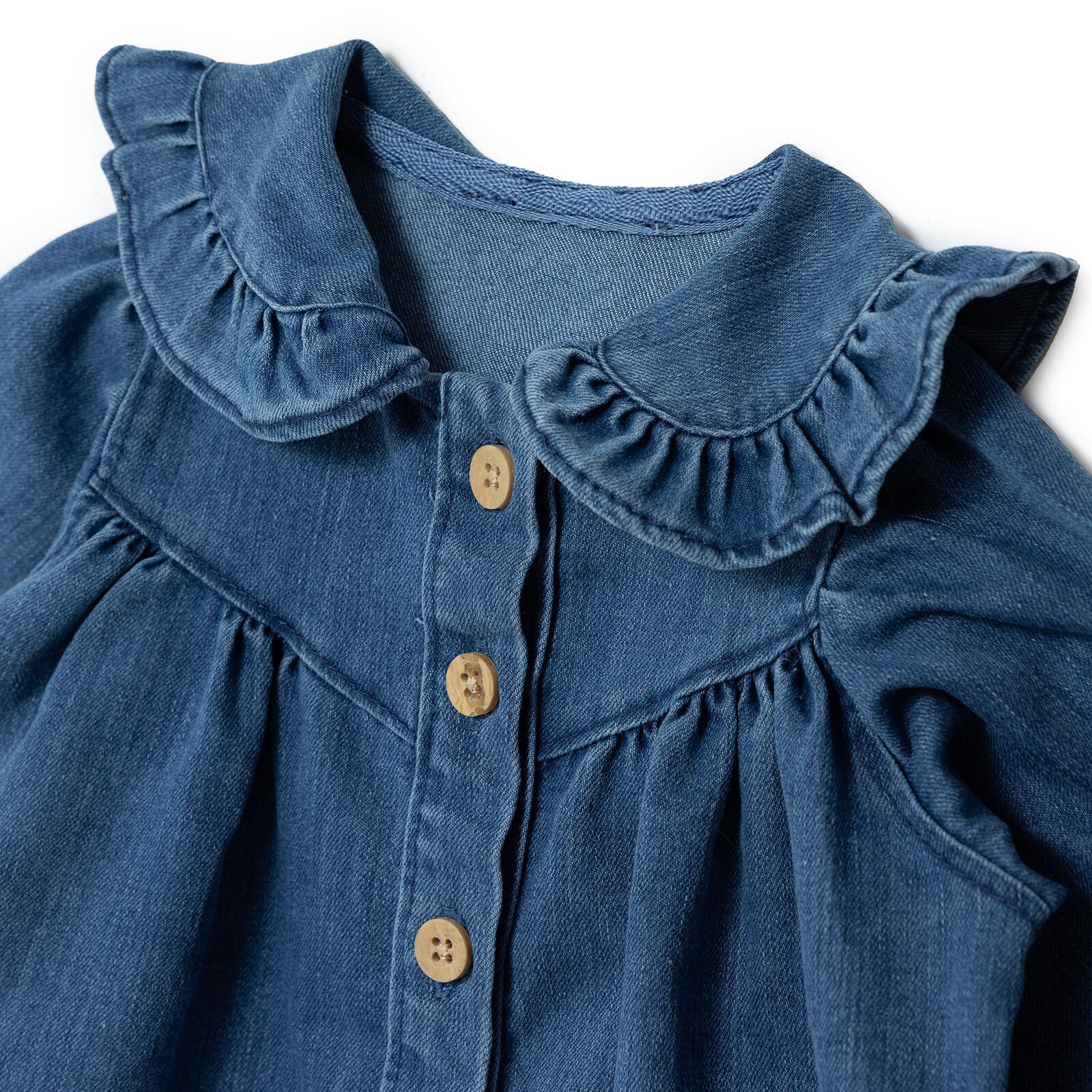 Kız Bebek Floral Teddy Bear Elbise Denim Fırfırlı Yaka Uzun Kol