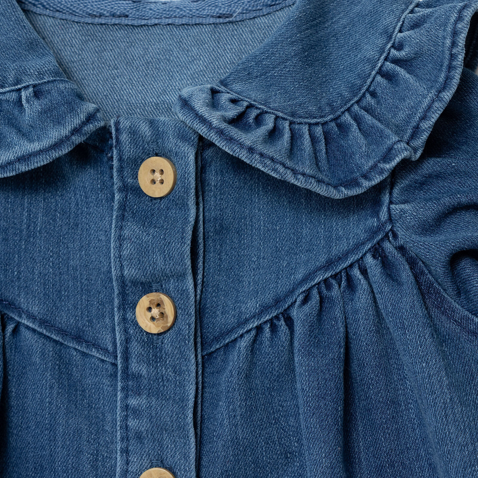 Kız Bebek Floral Teddy Bear Elbise Denim Fırfırlı Yaka Uzun Kol