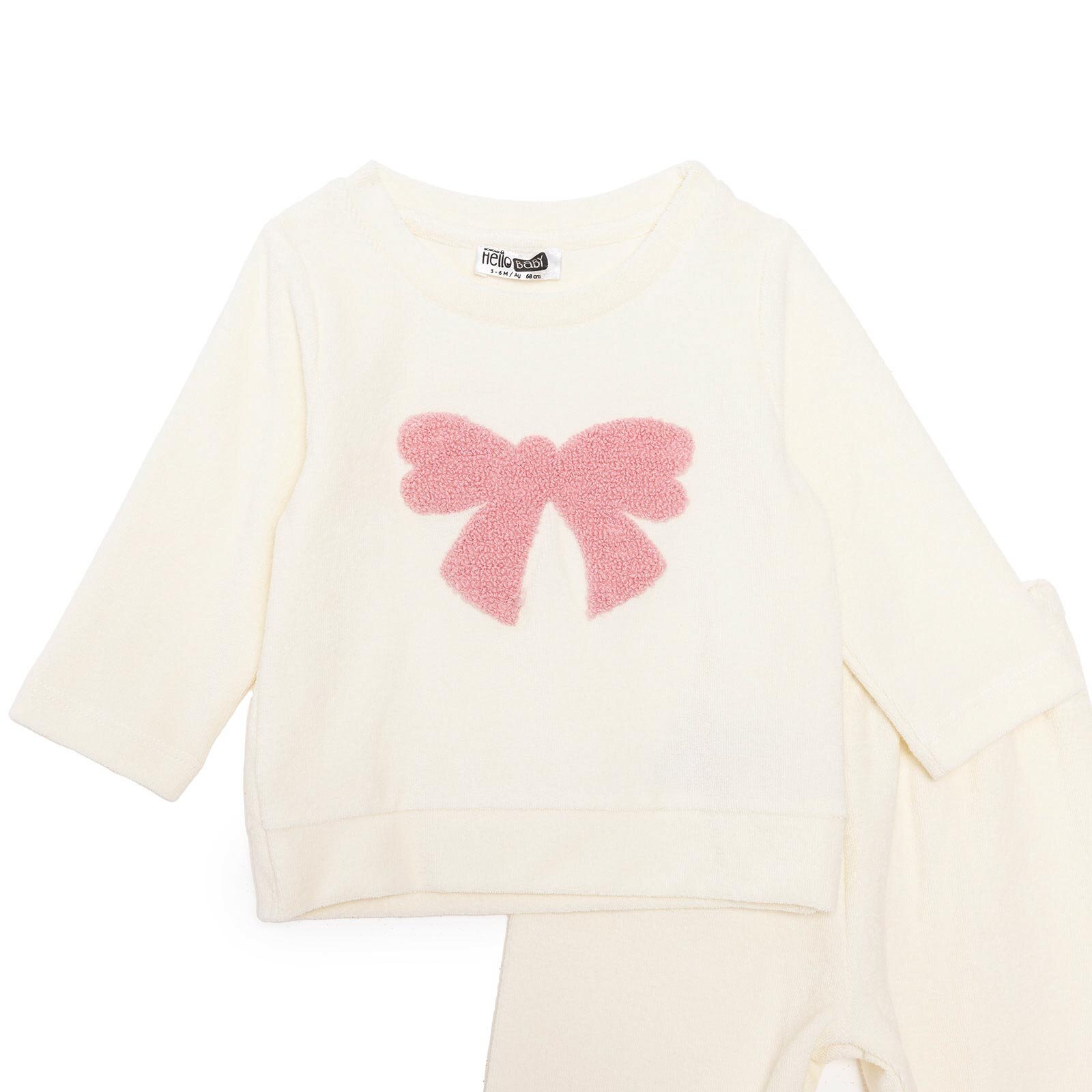 Kız Bebek Kadife Pijama Takımı Bisiklet Yaka Uzun Kol Ribanalı Paça