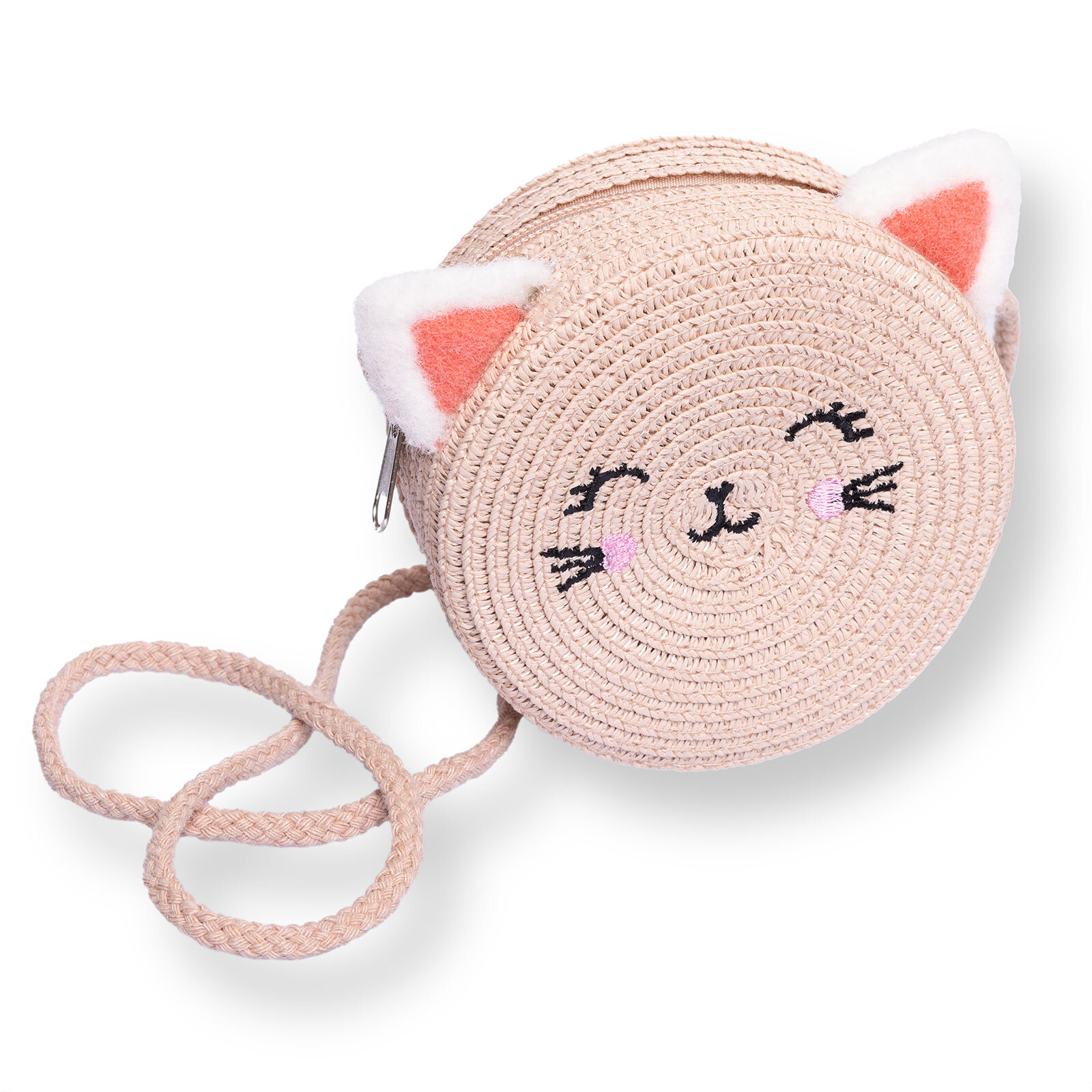 Kız Bebek Kedi Hasır Çocuk Çantası Fermuarlı