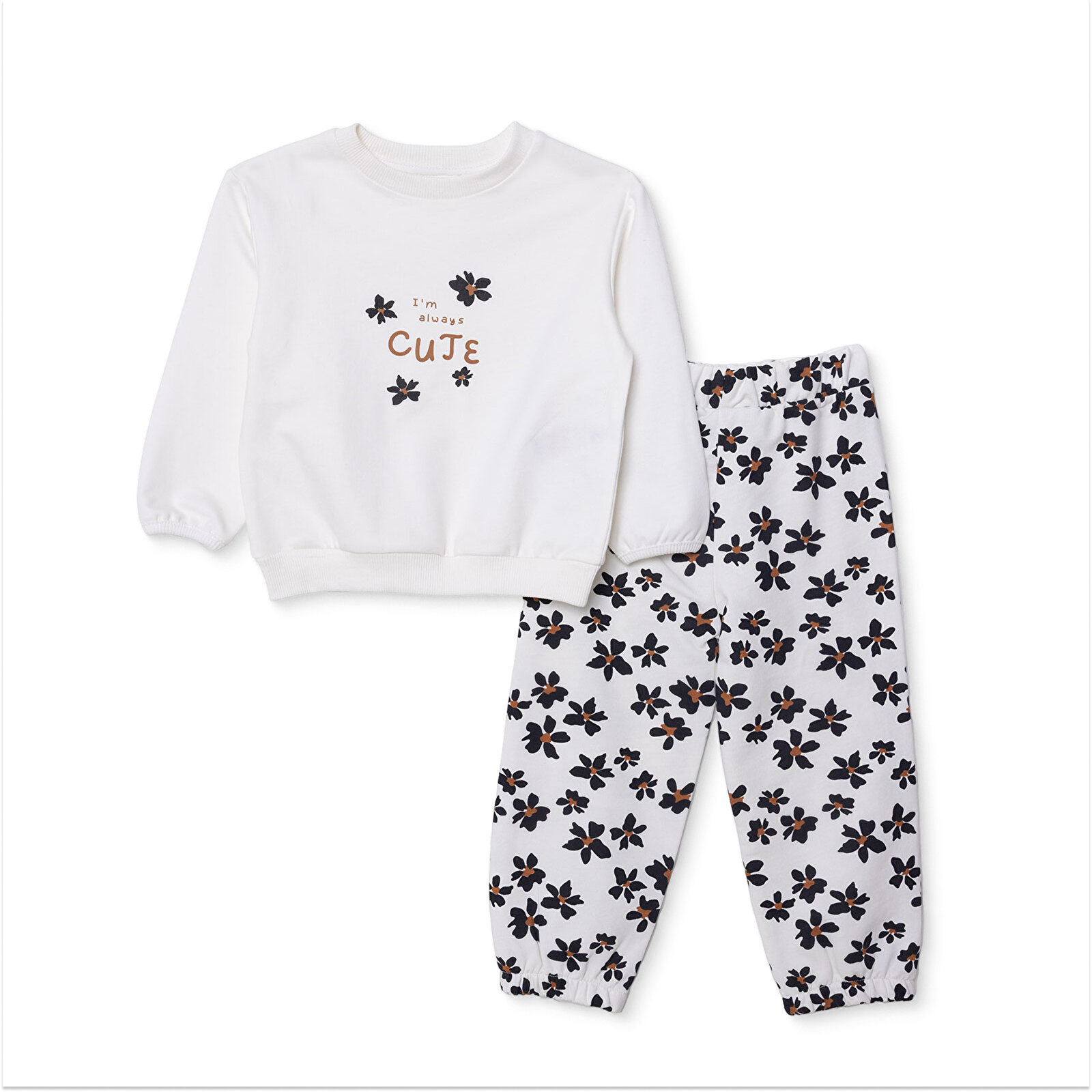 Kız Bebek Leopar Eşofman Takımı Üç İplik Çıtçıtlı Yaka Uzun Kol Lastikli Paça