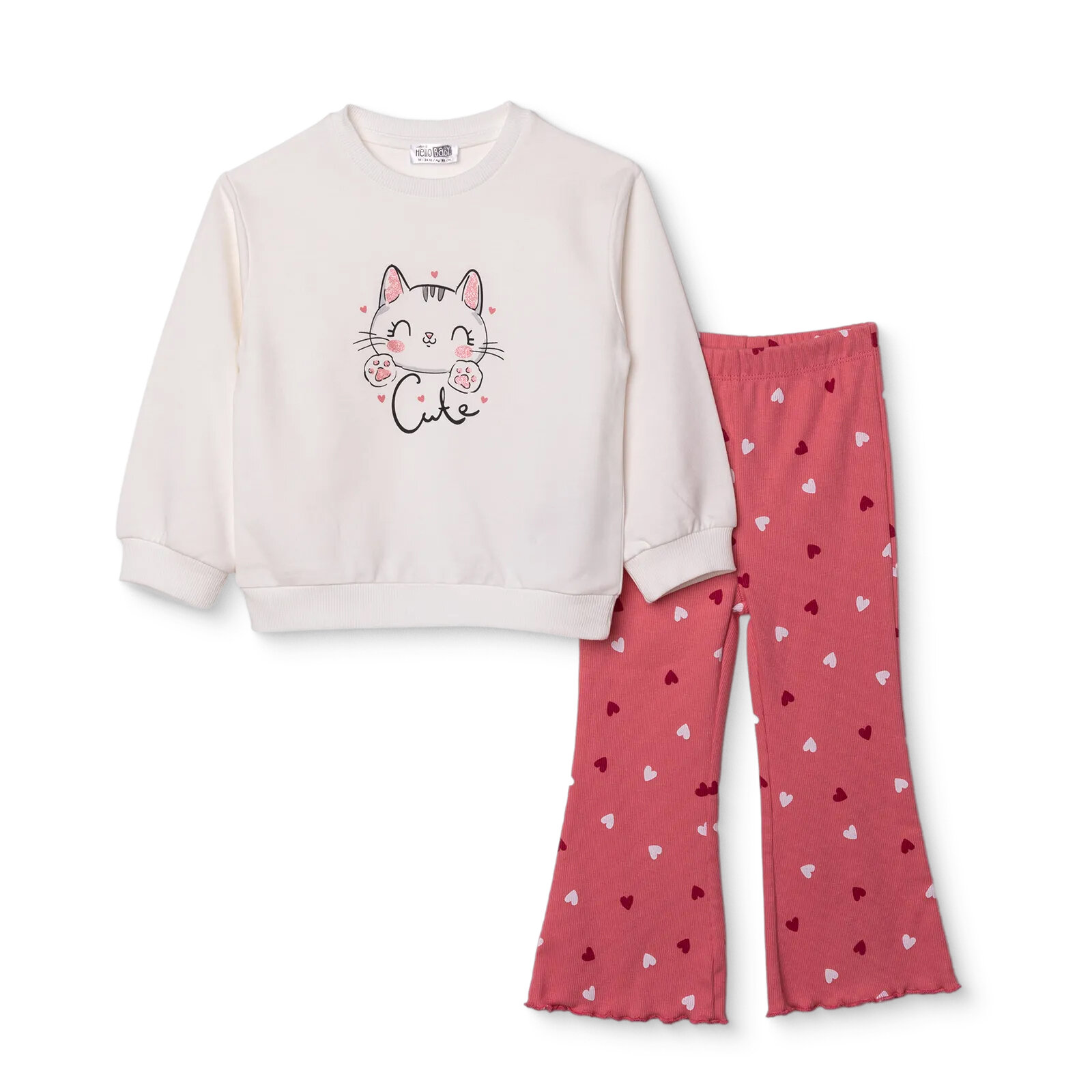 Kız Bebek Sweatshirt - Tayt İki İplik Bisiklet Yaka Uzun Kol Reçme Paça