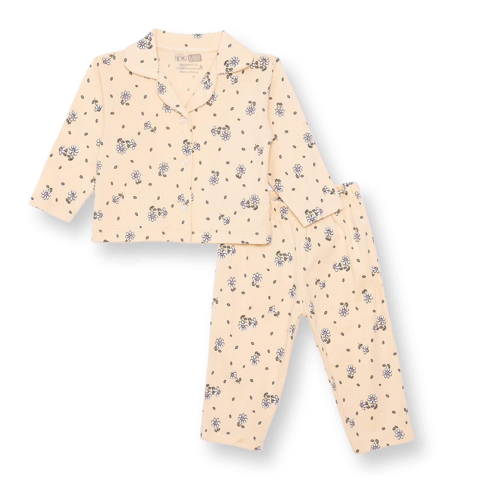 Kız Bebek Uzun Kol Pijama Takımı Düğmeli Bebe Yaka Reçme Paça