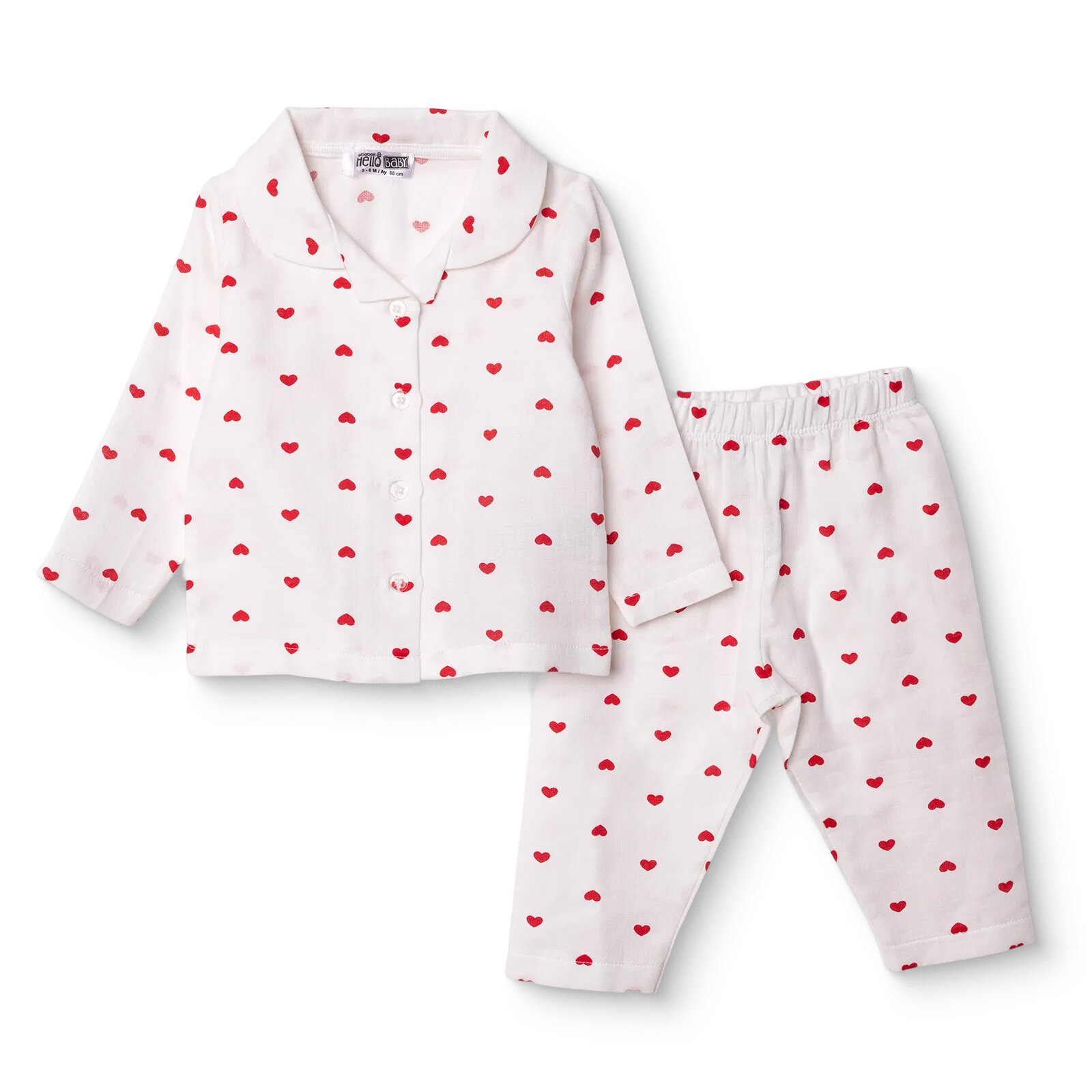 Kız Bebek Uzun Kol Pijama Takımı Müslin Bebe Yaka Uzun Kol Reçme Paça