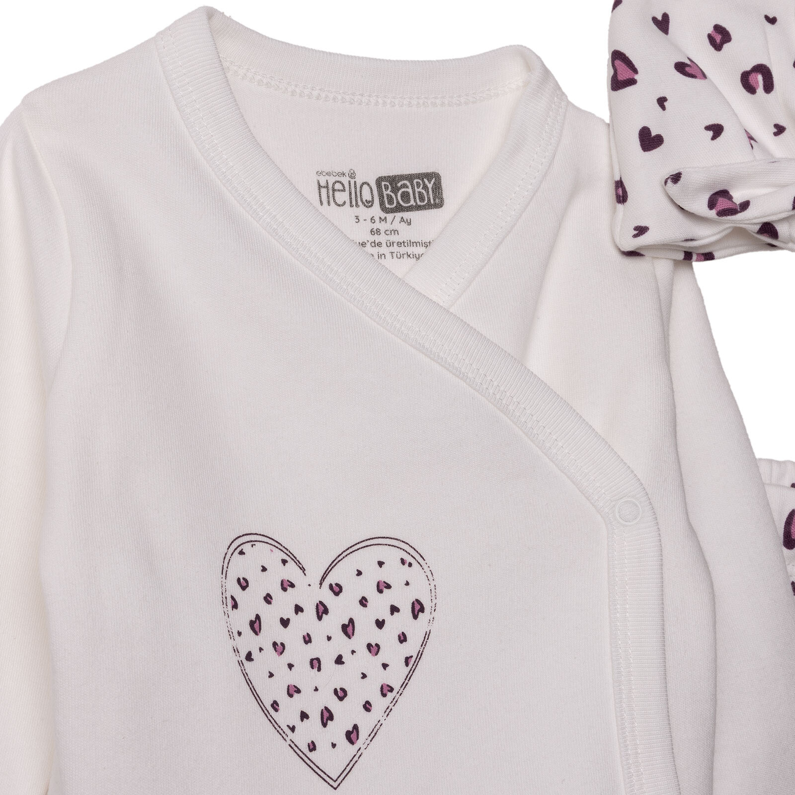 Kız Bebek Yenidoğan Zıbın-Şapka-Patikli İnterlok V Yaka Uzun Kol Patikli Paça