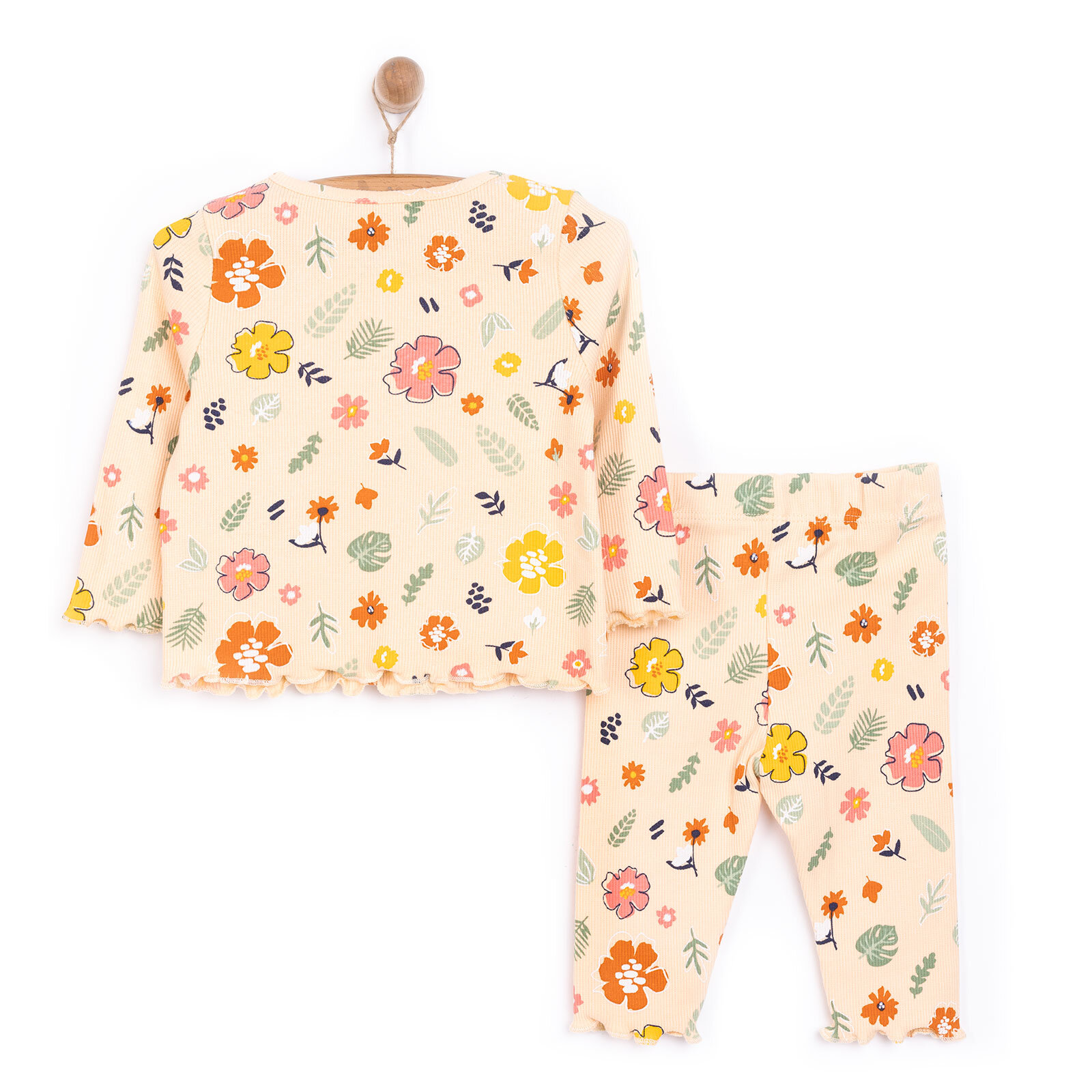Kız Bebek Pijama Takım Kaşkorse Çiçek Desenli Bisiklet Yaka Uzun Kol Somon