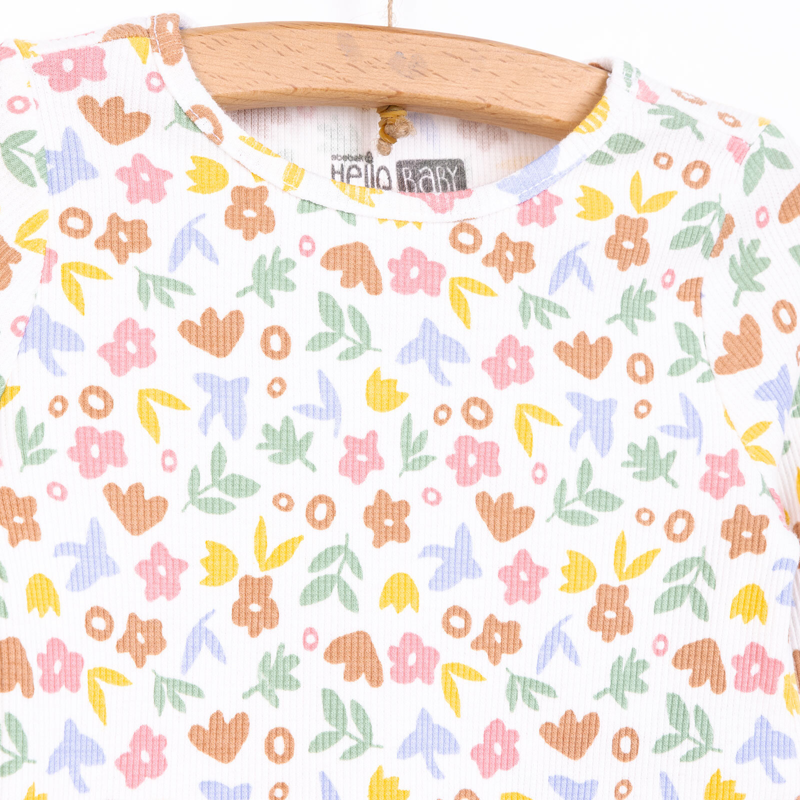 Kız Bebek Pijama Takım Kaşkorse Çiçek Desenli Bisiklet Yaka Uzun Kollu Ekru