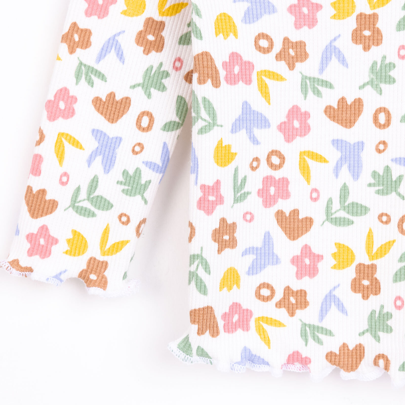 Kız Bebek Pijama Takım Kaşkorse Çiçek Desenli Bisiklet Yaka Uzun Kollu Ekru