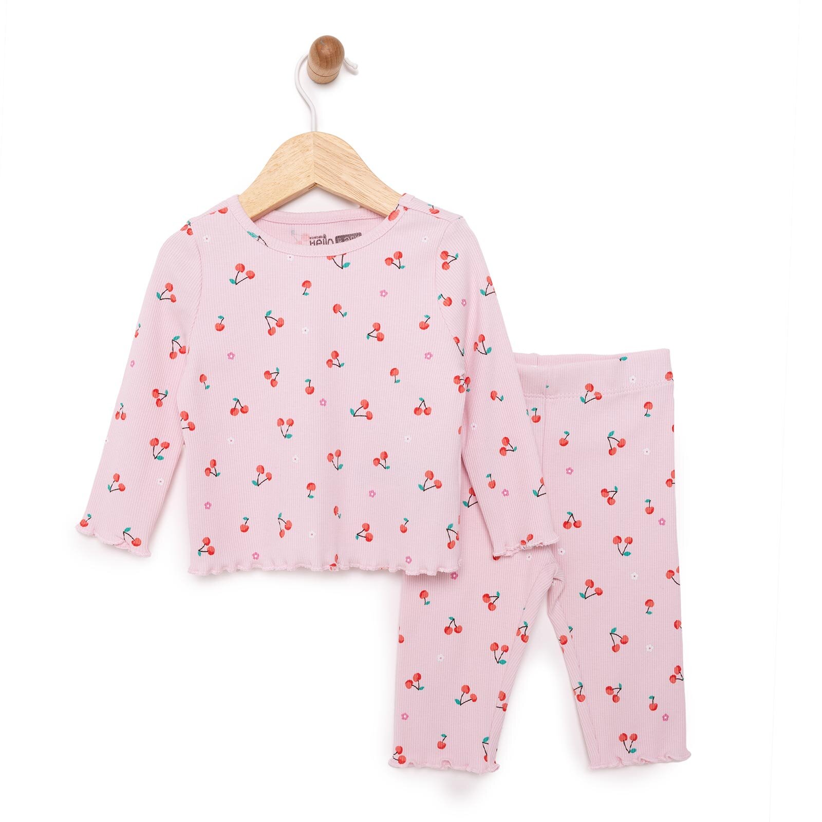 Kız Bebek Pijama Takım Kaşkorse Kiraz Desenli Bisiklet Yaka Uzun Kol Pembe