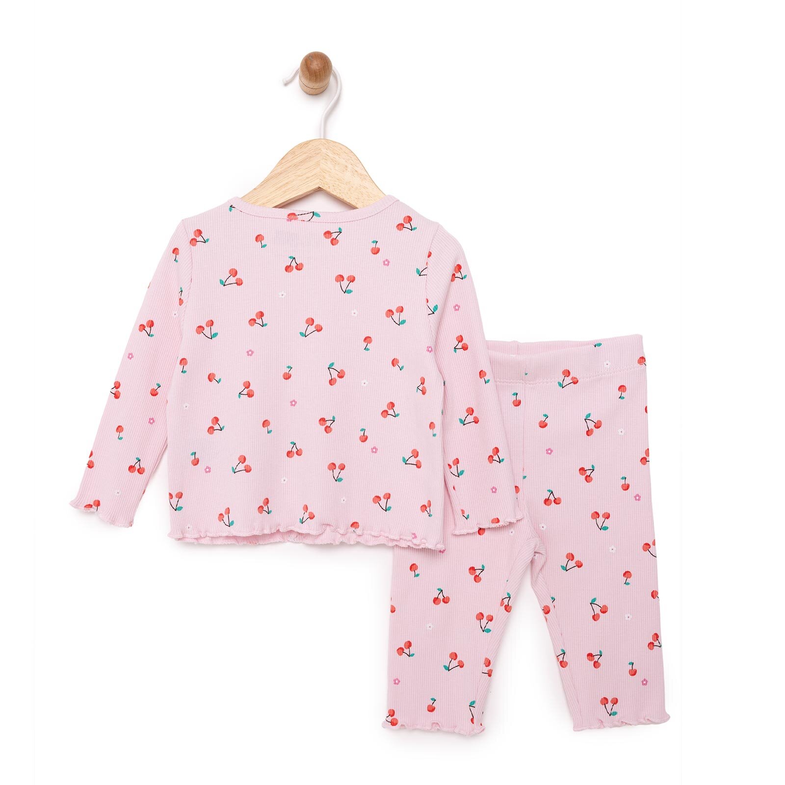 Kız Bebek Pijama Takım Kaşkorse Kiraz Desenli Bisiklet Yaka Uzun Kol Pembe