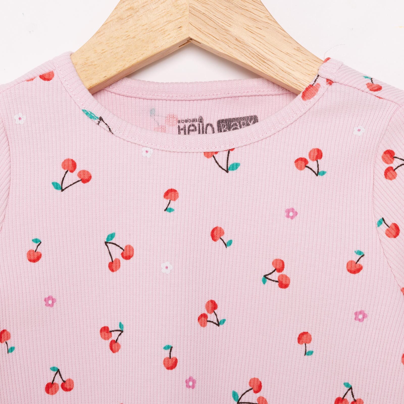 Kız Bebek Pijama Takım Kaşkorse Kiraz Desenli Bisiklet Yaka Uzun Kol Pembe