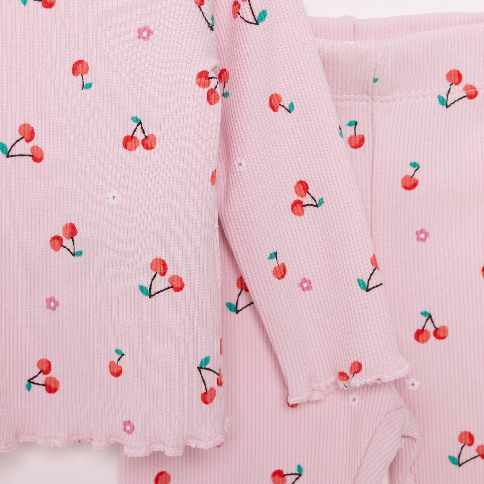 Kız Bebek Pijama Takım Kaşkorse Kiraz Desenli Bisiklet Yaka Uzun Kol Pembe