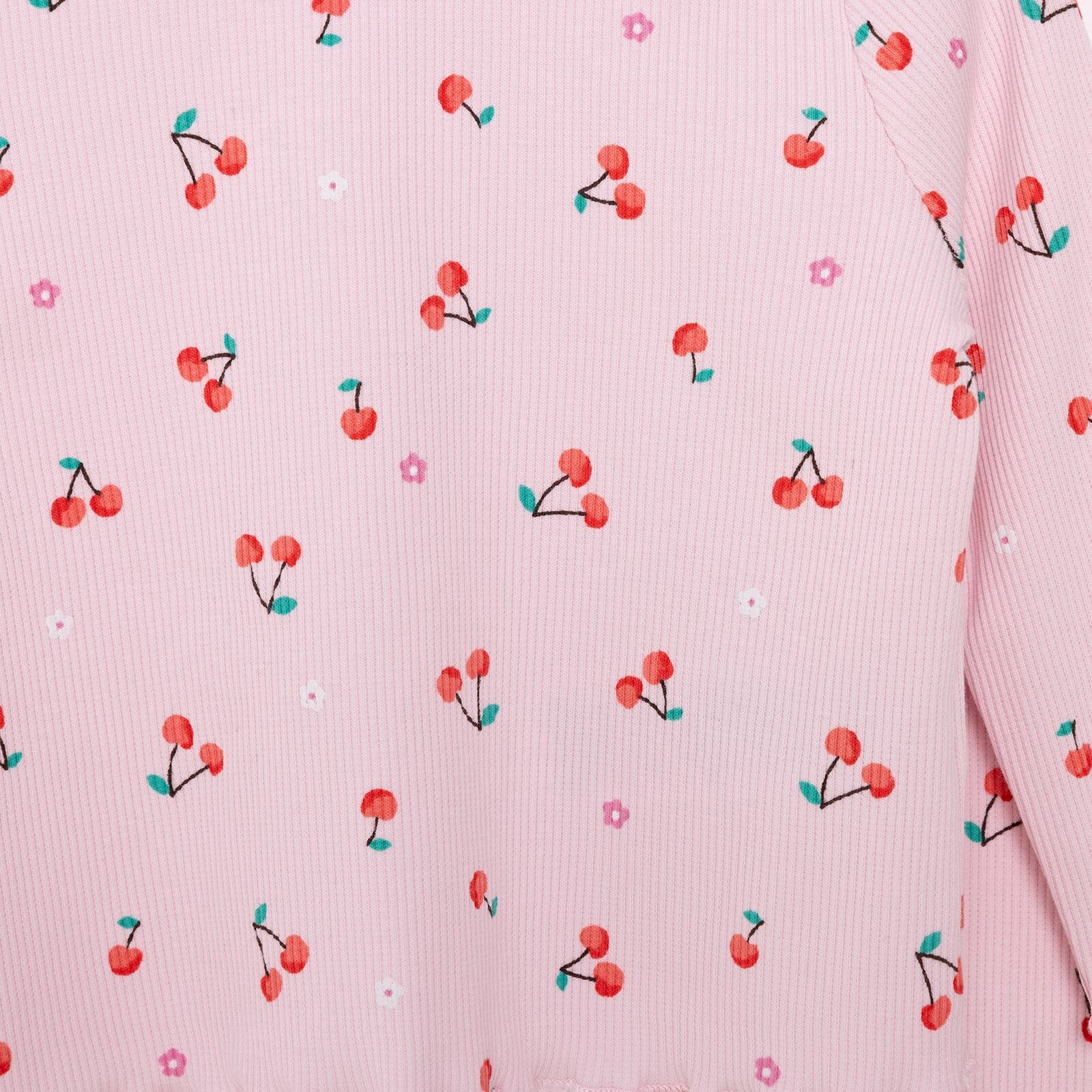 Kız Bebek Pijama Takım Kaşkorse Kiraz Desenli Bisiklet Yaka Uzun Kol Pembe