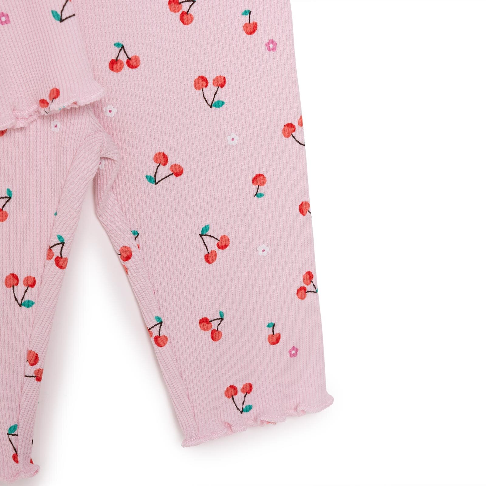 Kız Bebek Pijama Takım Kaşkorse Kiraz Desenli Bisiklet Yaka Uzun Kol Pembe
