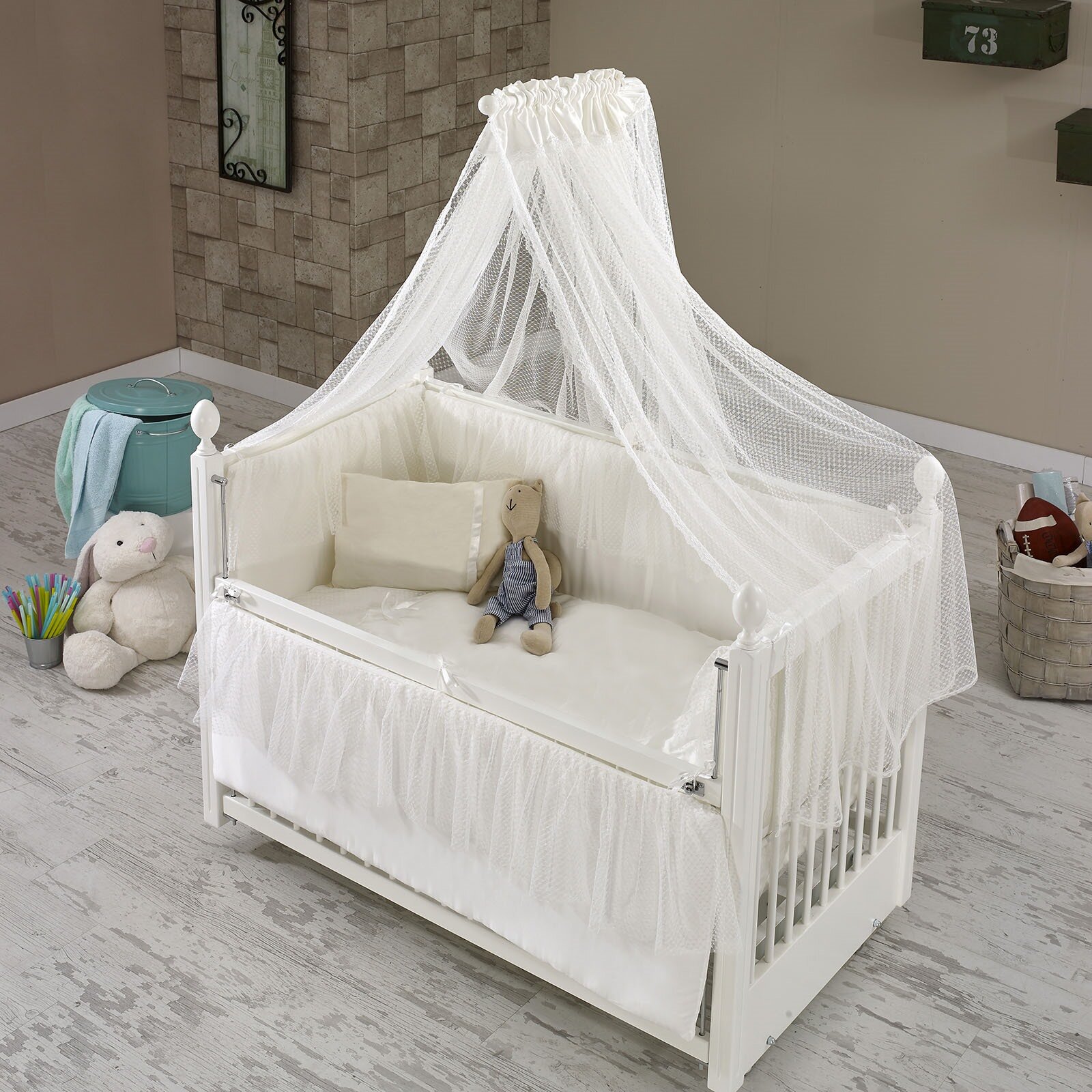 Kral Anne Yanı Ahşap Sallanır ve Asansörlü Beşik Beyaz 60x120 cm