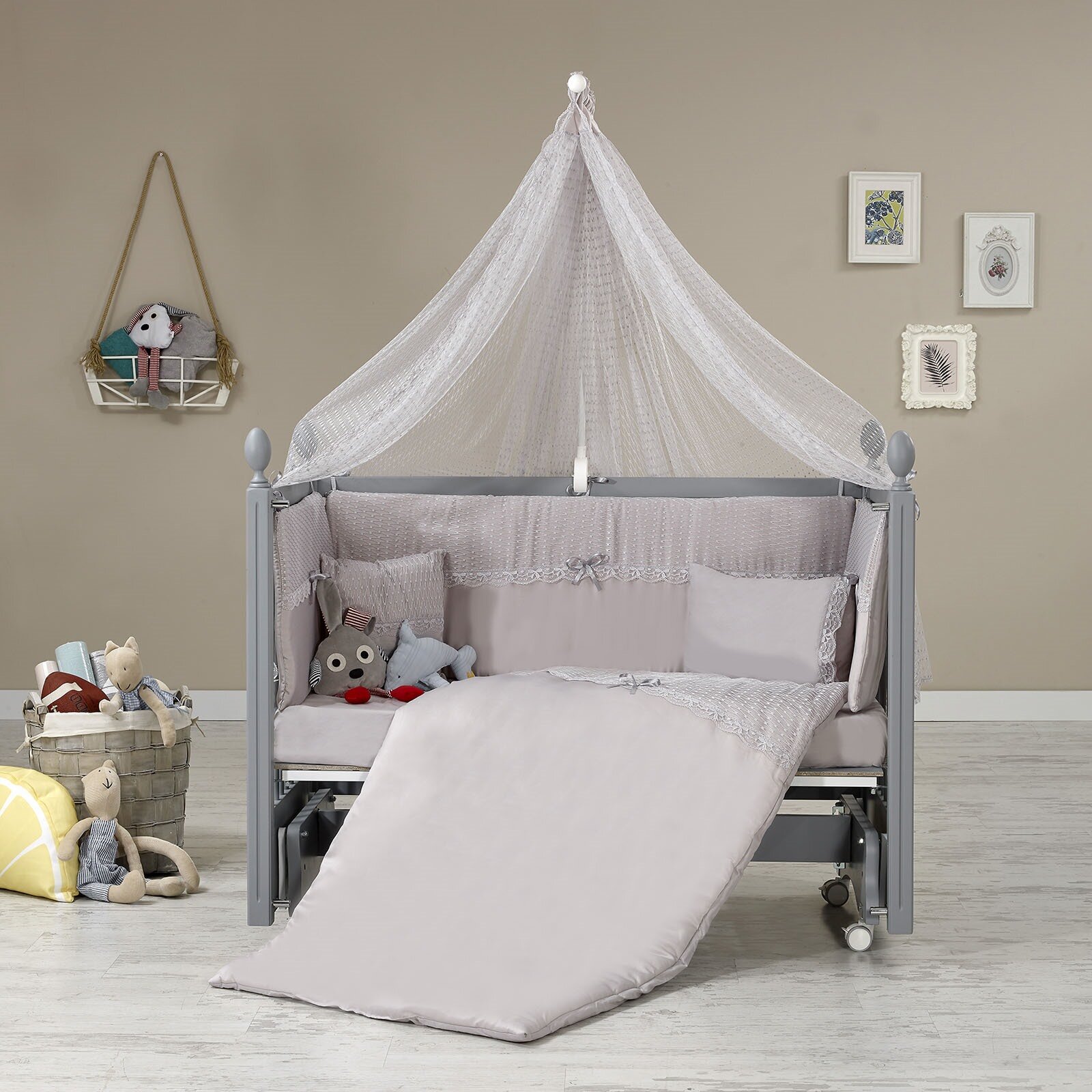 Kral Anne Yanı Ahşap Sallanır ve Asansörlü Beşik Gri 60x120 cm