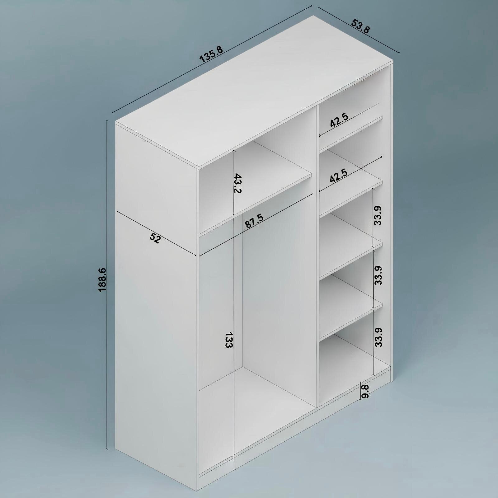 Lucas 3 Kapaklı, 6 Raf Bölmeli, Askılıklı Geniş Elbise Dolabı, Gardırop, Beyaz 190x135