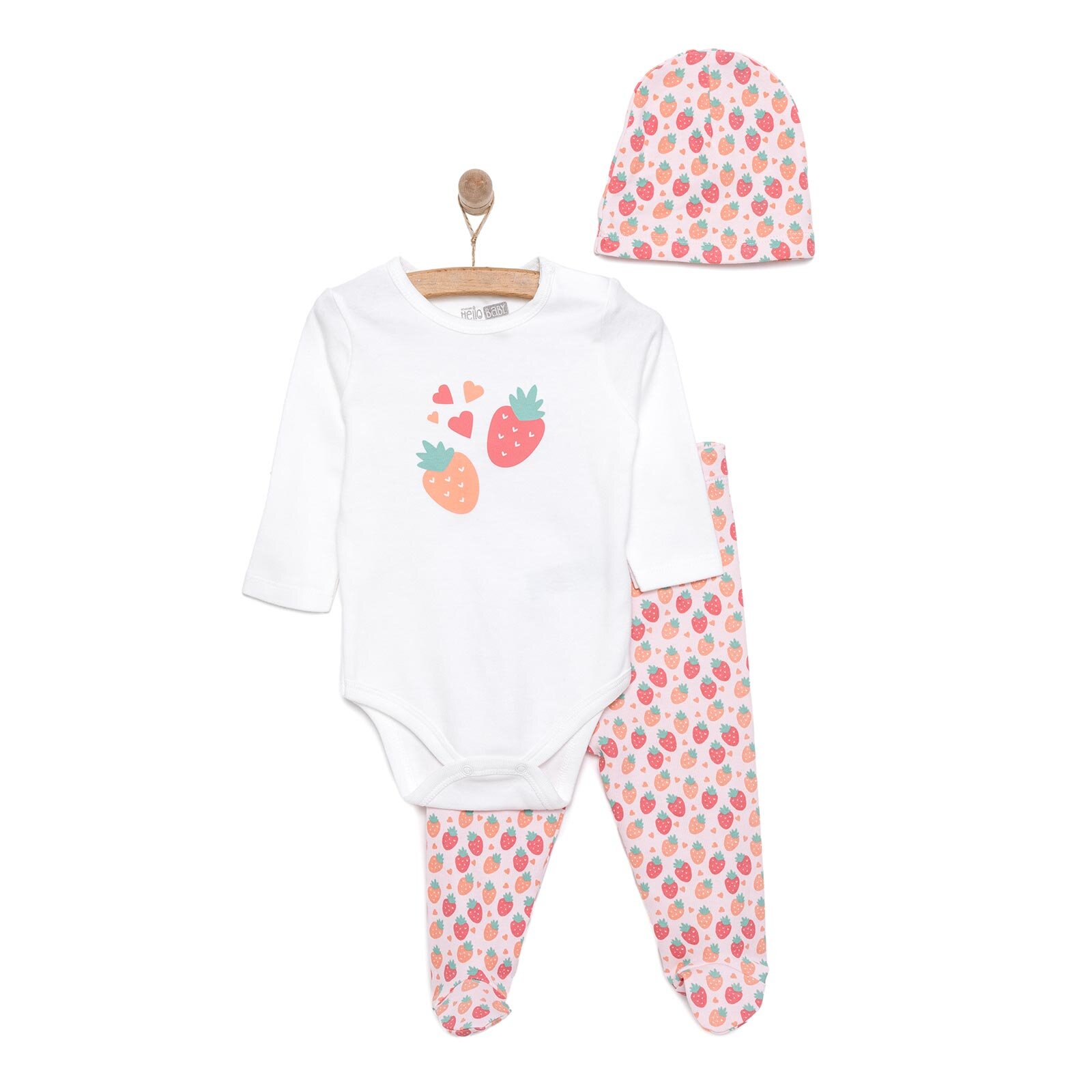 Meyve Baskılı Yenidoğan Kız Body-Patikli Alt-Şapka Kız Bebek