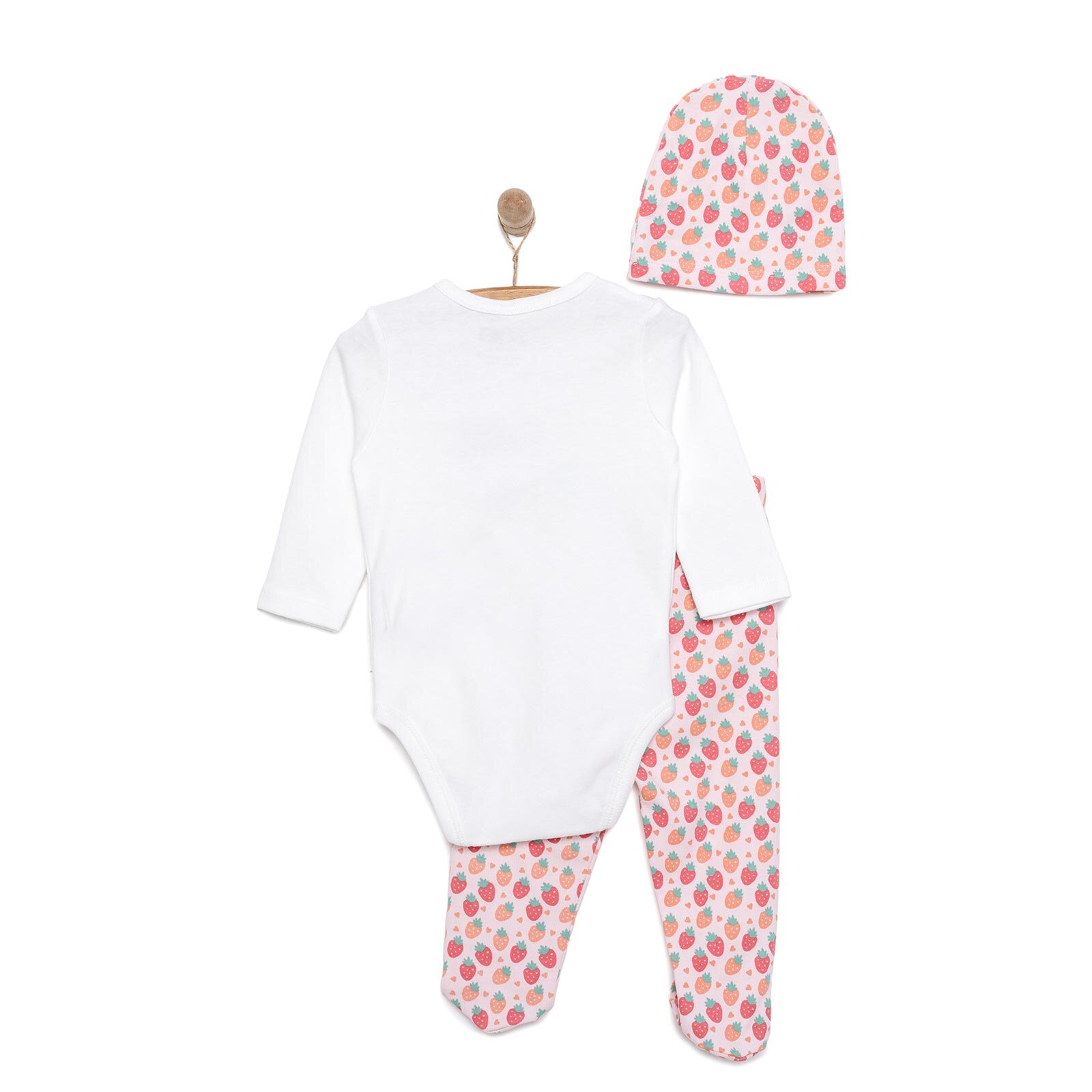 Meyve Baskılı Yenidoğan Kız Body-Patikli Alt-Şapka Kız Bebek