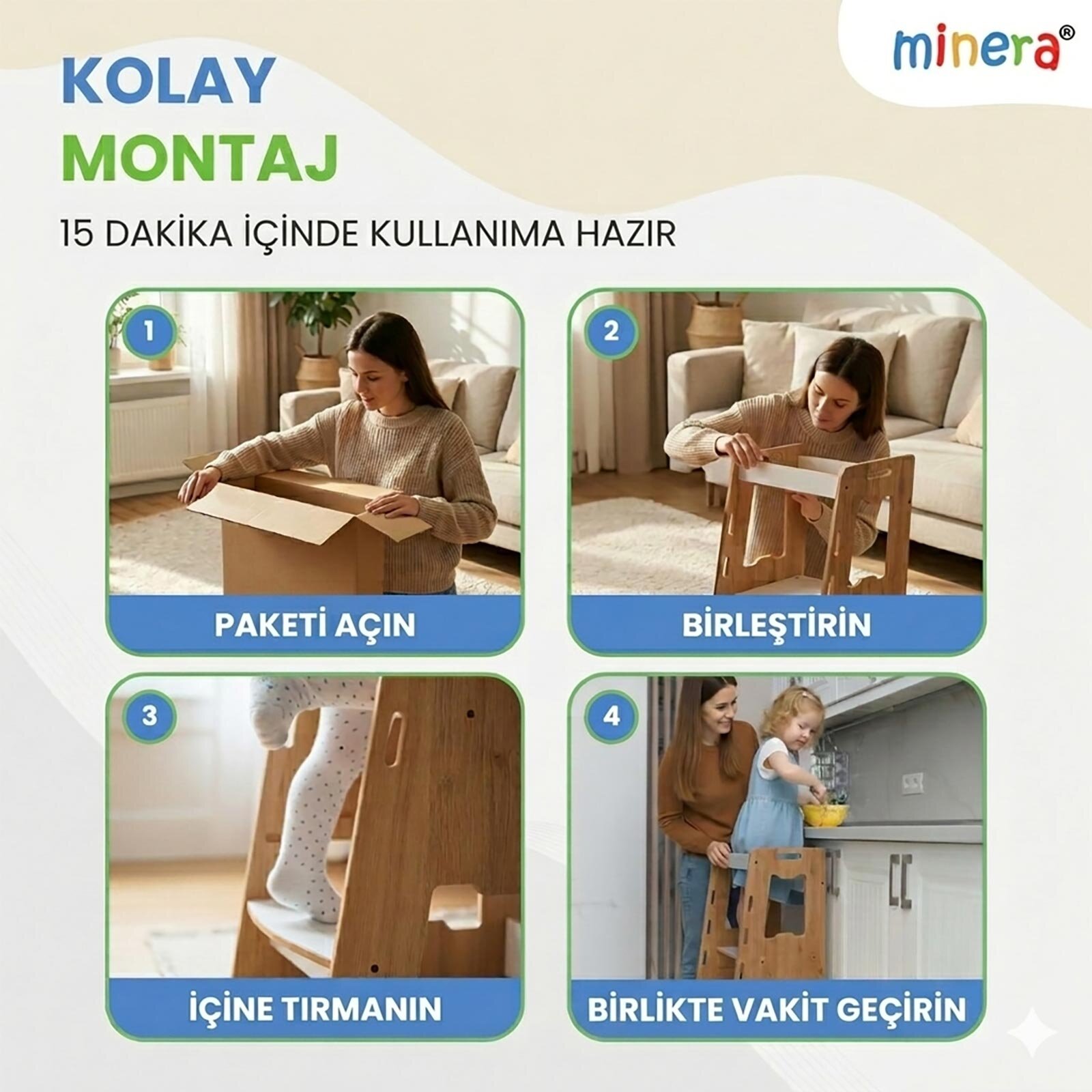 Ahşap Montessori Çocuk Öğrenme Kulesi Naturel 2-6 Yaş Ahşap Montessori Çocuk Öğrenme Kulesi Naturel 2-6 Yaş