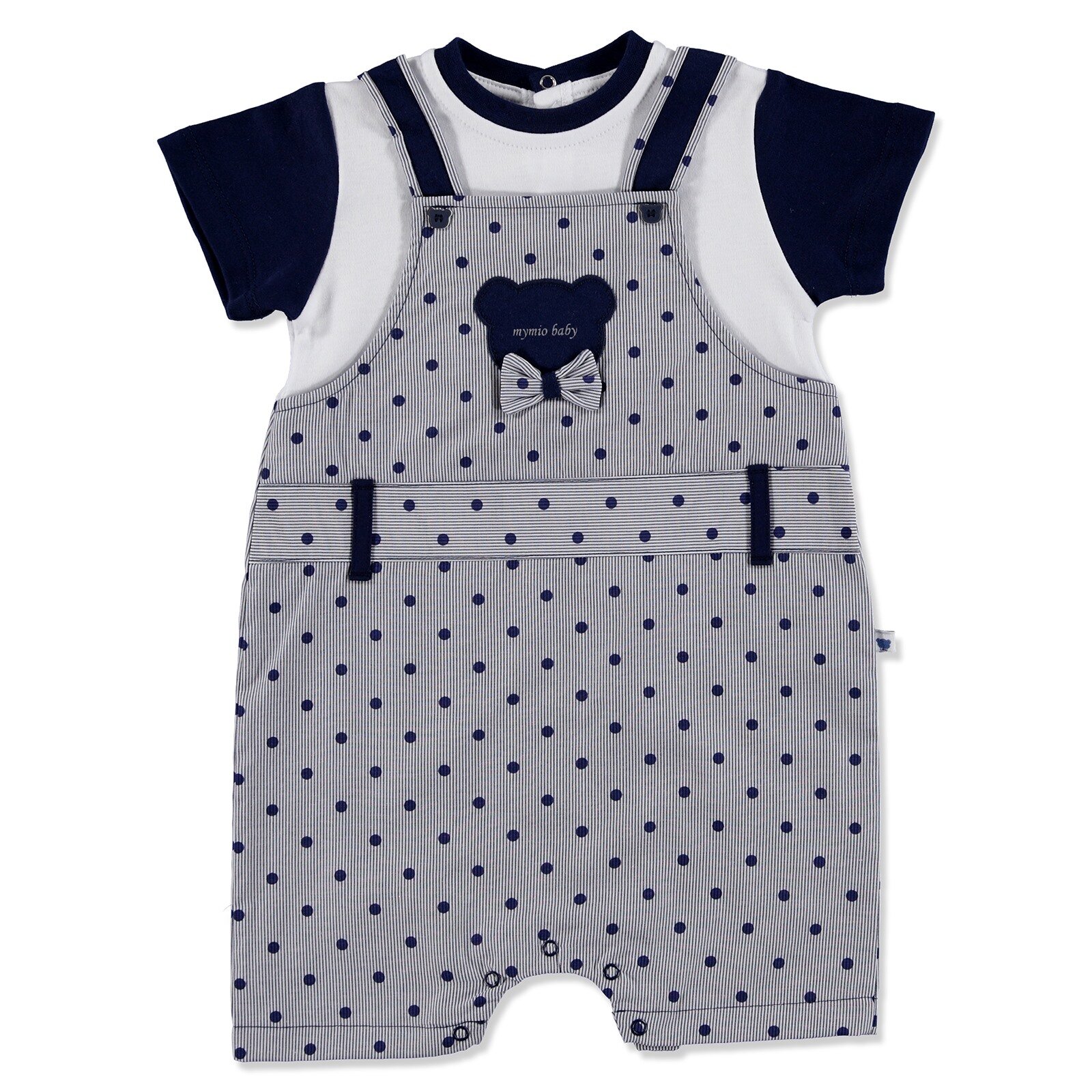 Yaz Erkek Bebek Sevimli Ayıcık Poplin Kısa Kol Çıtçıtlı Yaka Tek Salopet