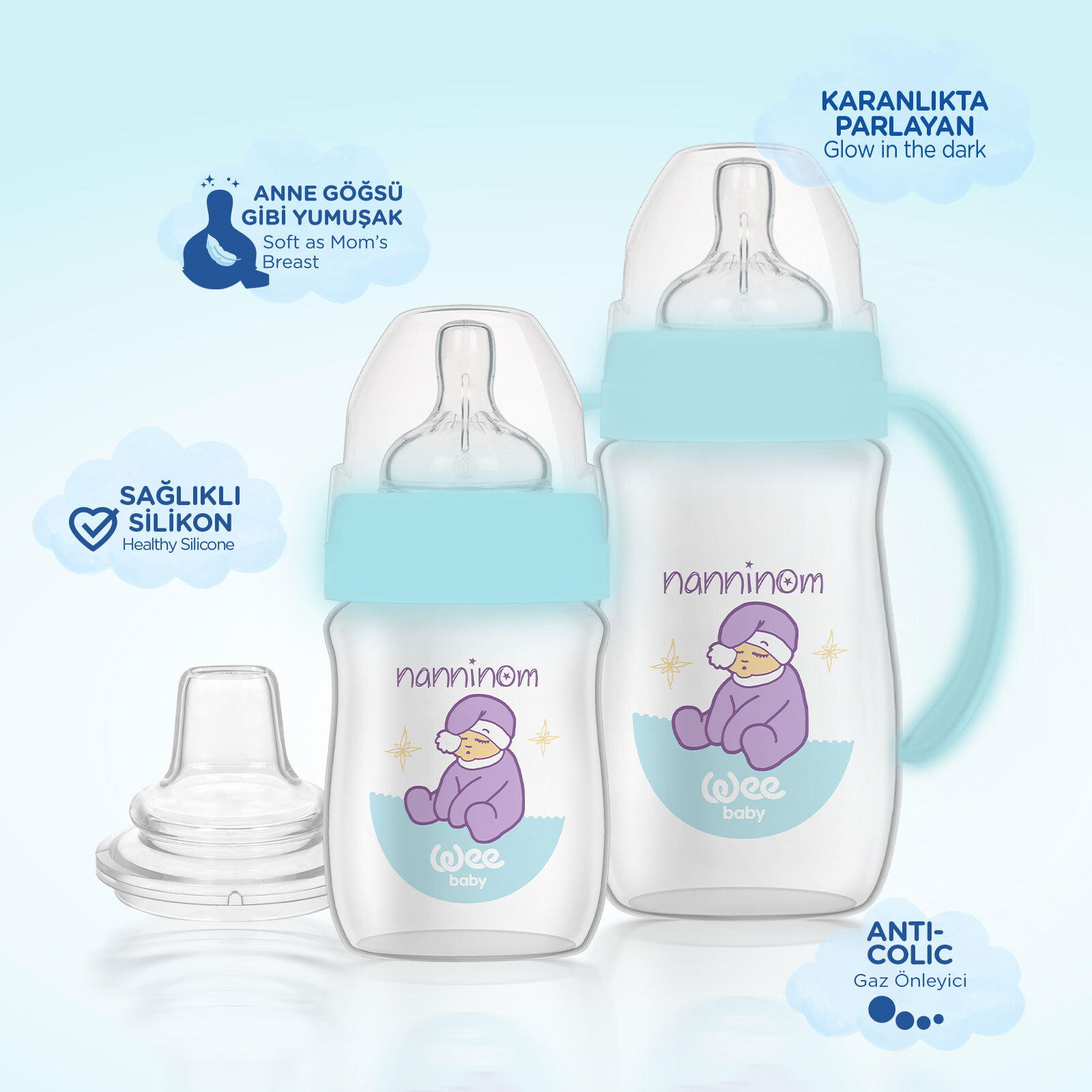 Nanninom Biberon 150 ml + Kulplu Biberon 250 ml + Akıtmaz Bardak Ucu Seti