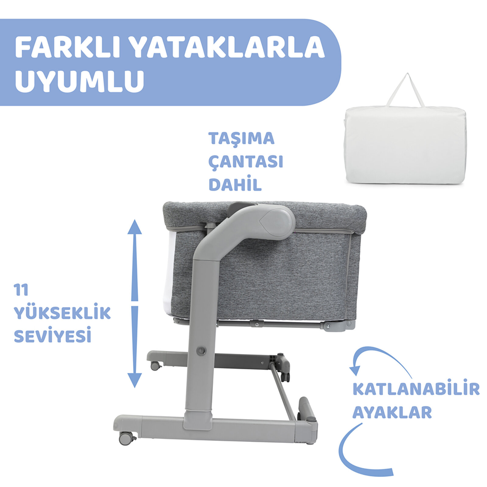 Next2me Magic Evo Anne Yanı Asansörlü ve Sallanabilen Beşik Dark Grey