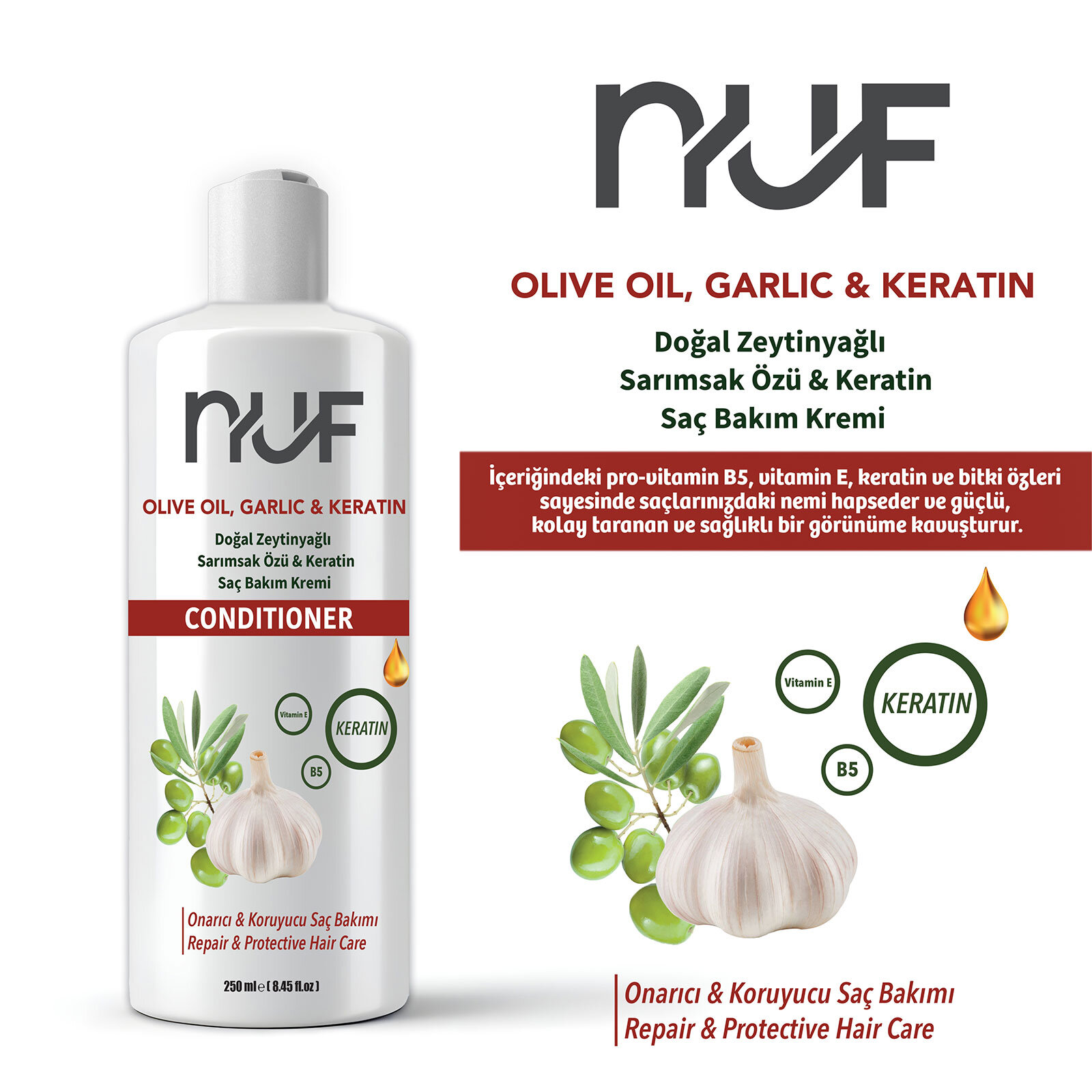 Nuf Doğal Zeytinyağı, Keratin ve Sarımsak Yetişikin Saç Kremi 250 mL