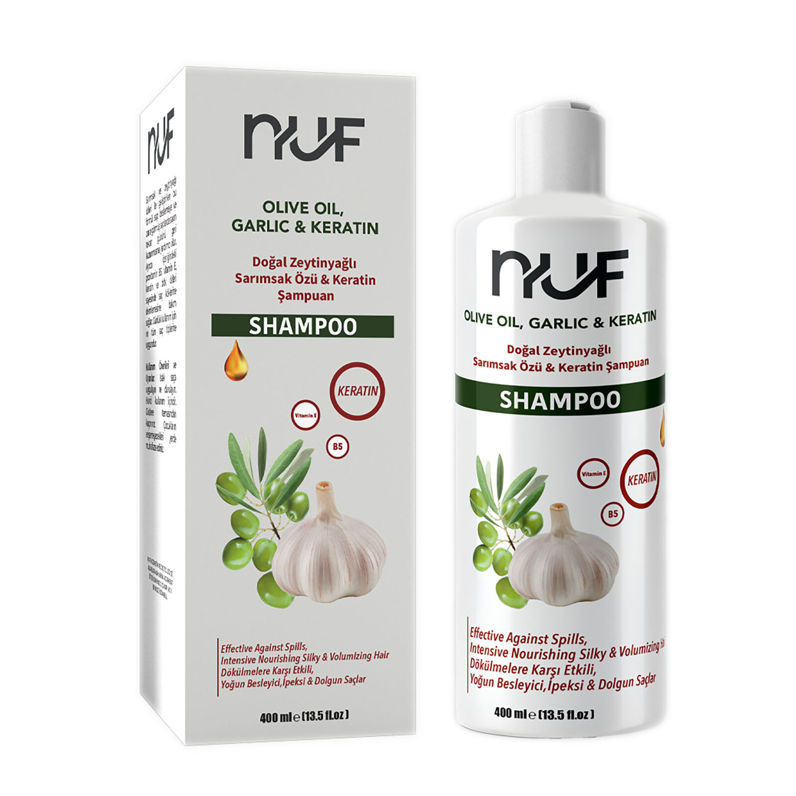 Nuf Doğal Zeytinyağlı, Keratinli ve Sarımsaklı Yetişkin Şampuan  400 mL