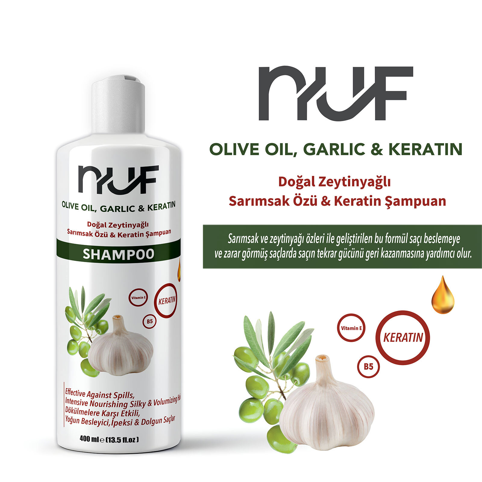 Nuf Doğal Zeytinyağlı, Keratinli ve Sarımsaklı Yetişkin Şampuan  400 mL