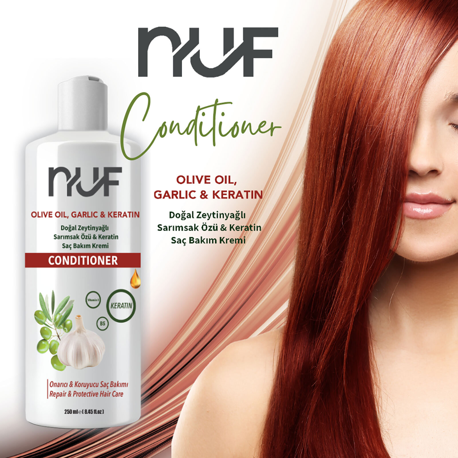 Nuf Doğal Zeytinyağlı, Keratinli ve Sarımsaklı Yetişkin Şampuan  400 mL