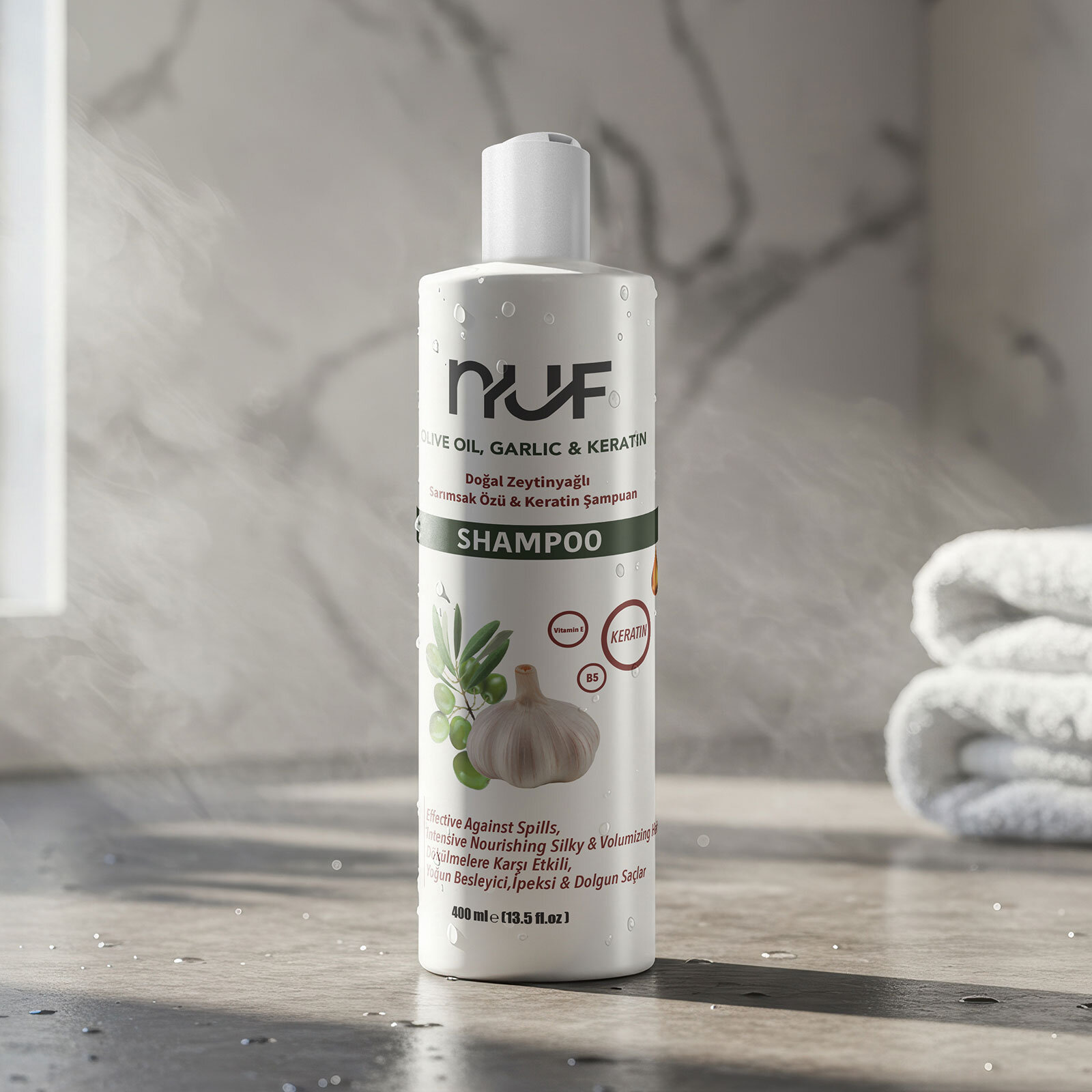 Nuf Doğal Zeytinyağlı, Keratinli ve Sarımsaklı Yetişkin Şampuan  400 mL