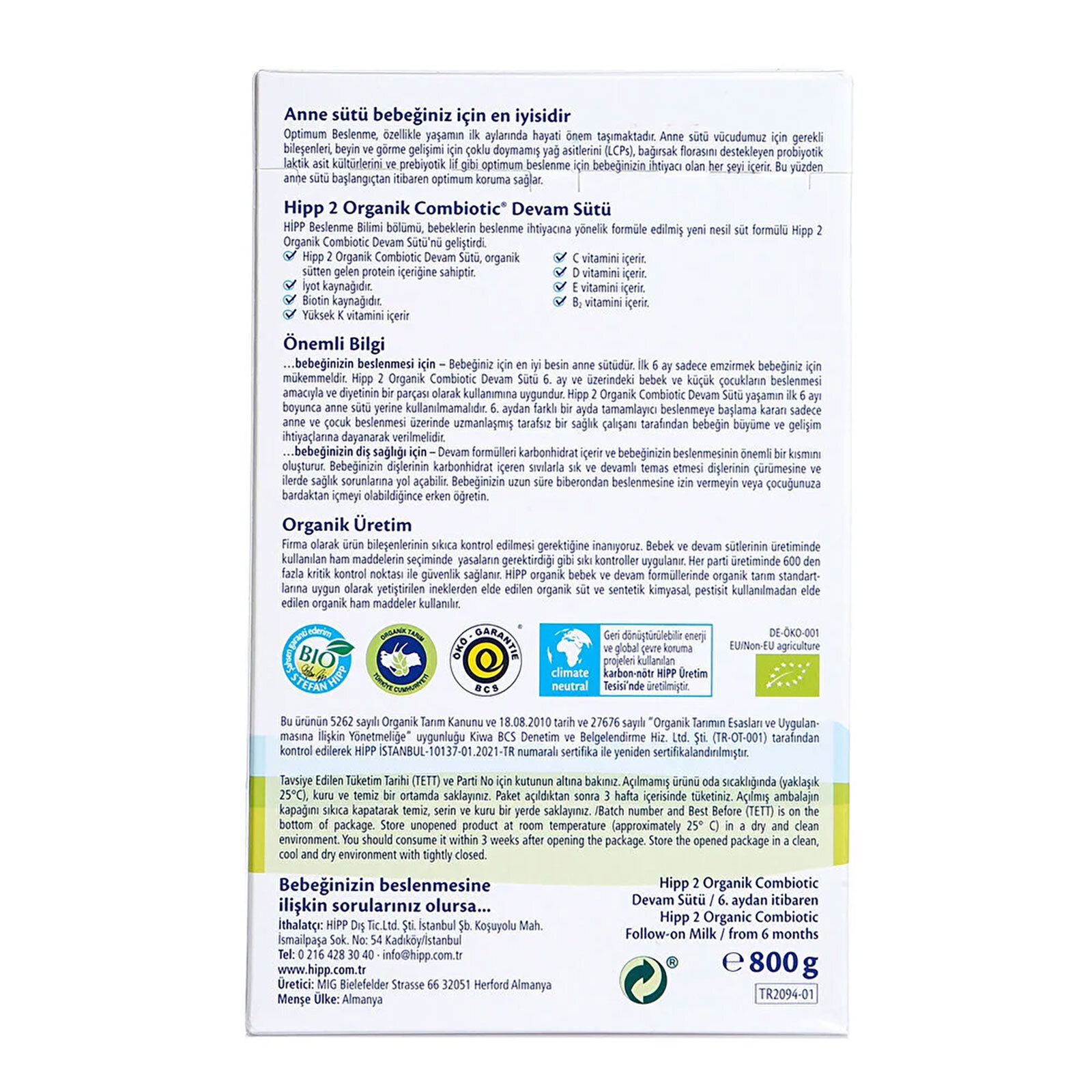 Organik Combiotic Devam Sütü 2x800 gr