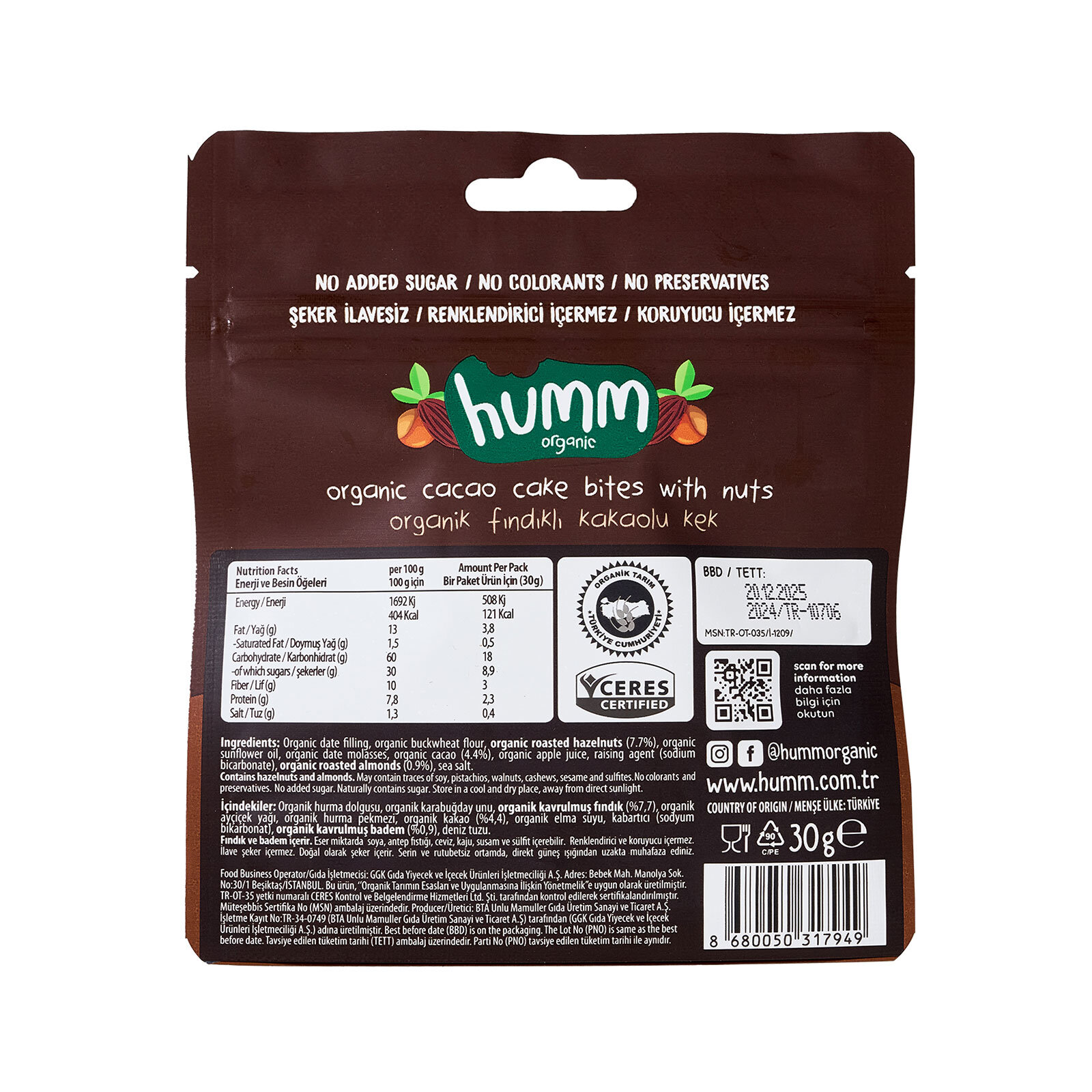 Organik Glutensiz Vegan Kakaolu ve Fındıklı Kek 30 gr