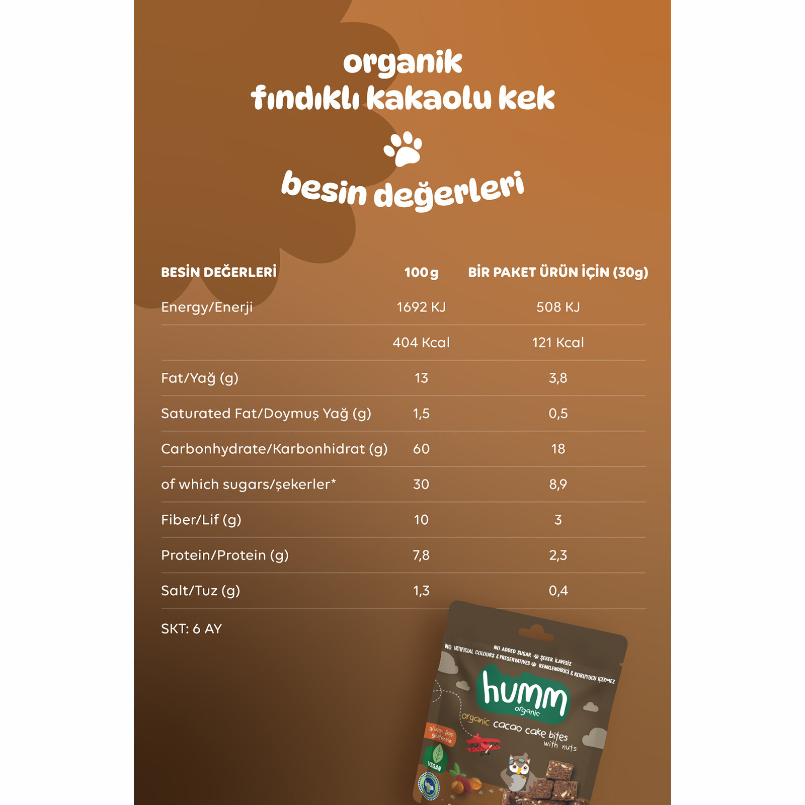 Organik Glutensiz Vegan Kakaolu ve Fındıklı Kek 30 gr