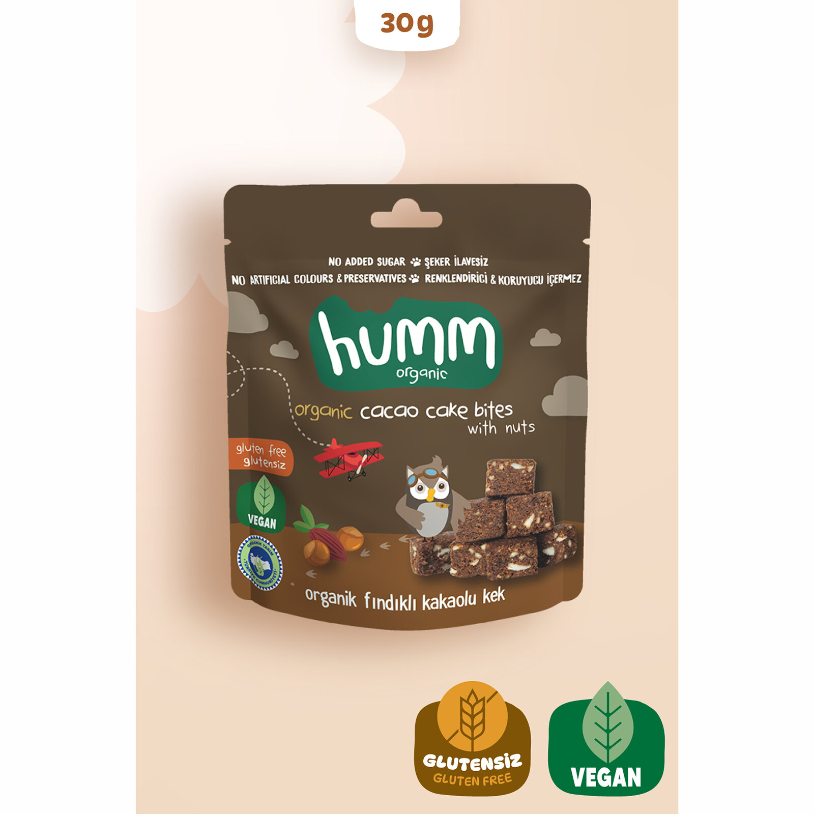 Organik Glutensiz Vegan Kakaolu ve Fındıklı Kek 30 gr