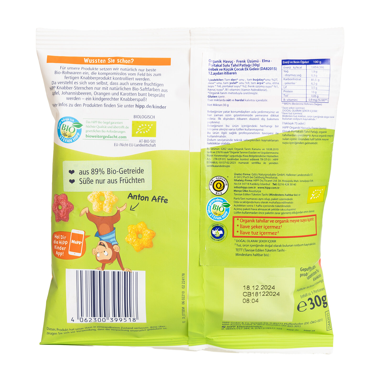 Organik Havuçlu Frenk Üzümlü Elmalı Portakallı Tahıl Patlağı