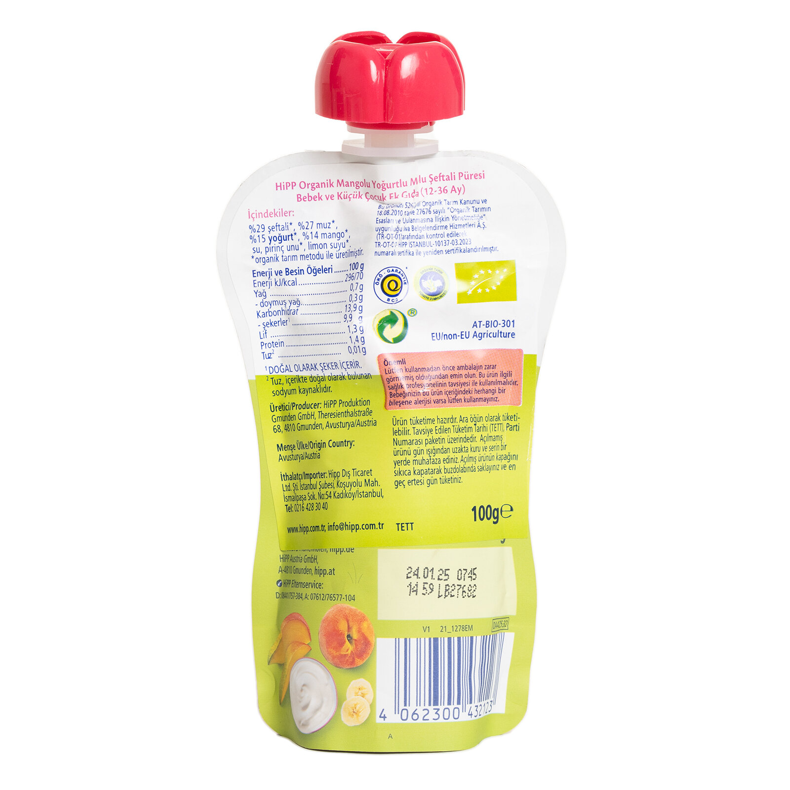 Organik Mangolu Yoğurtlu Muzlu Şeftali Püresi 100gr