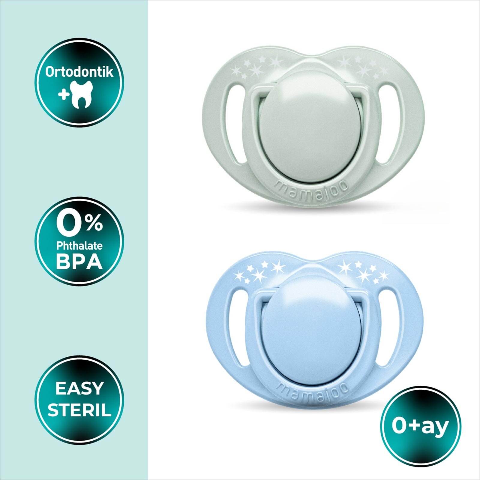 Ortodontik Silikon Emzik 2'li Powder Green&Blue 0+ Ay (Sterilizasyon/Saklama Kutulu)