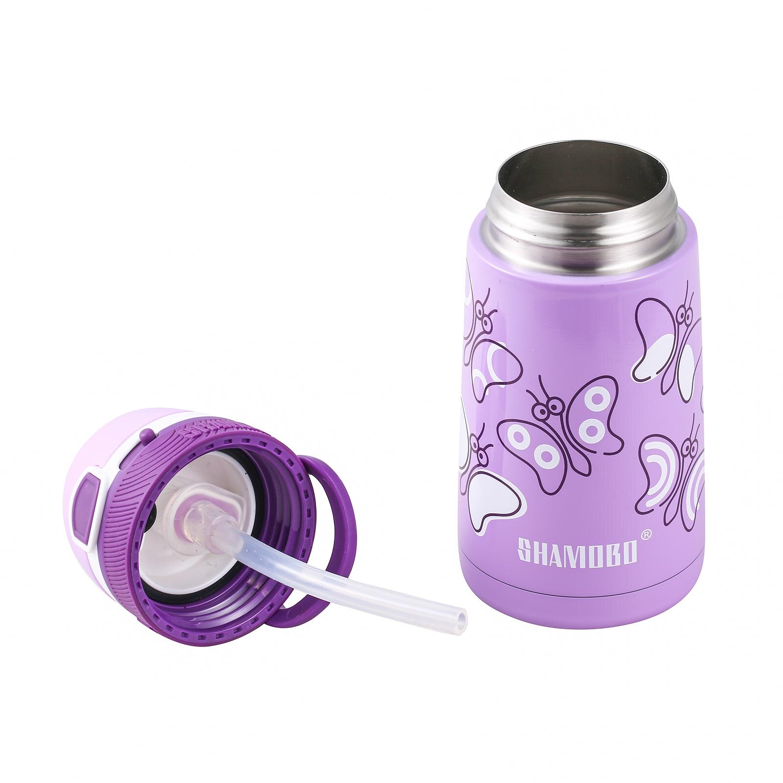 Shamobo Paslanmaz Çelik, Pipetli,Kilitlenebilir Çocuk Matarası 350 ml Mor