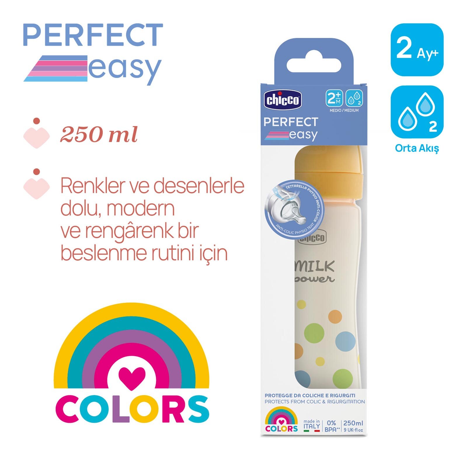 Perfect Easy Biberon PP 250 ml Ota Akış- Erkek
