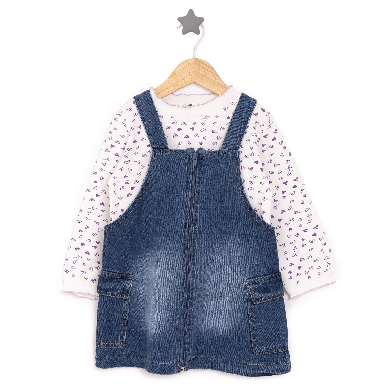 Kız Bebek Elbise - Sweatshirt Set Denim Fermuarlı Pretty Girl Bisiklet Yaka Uzun Kol İndigo