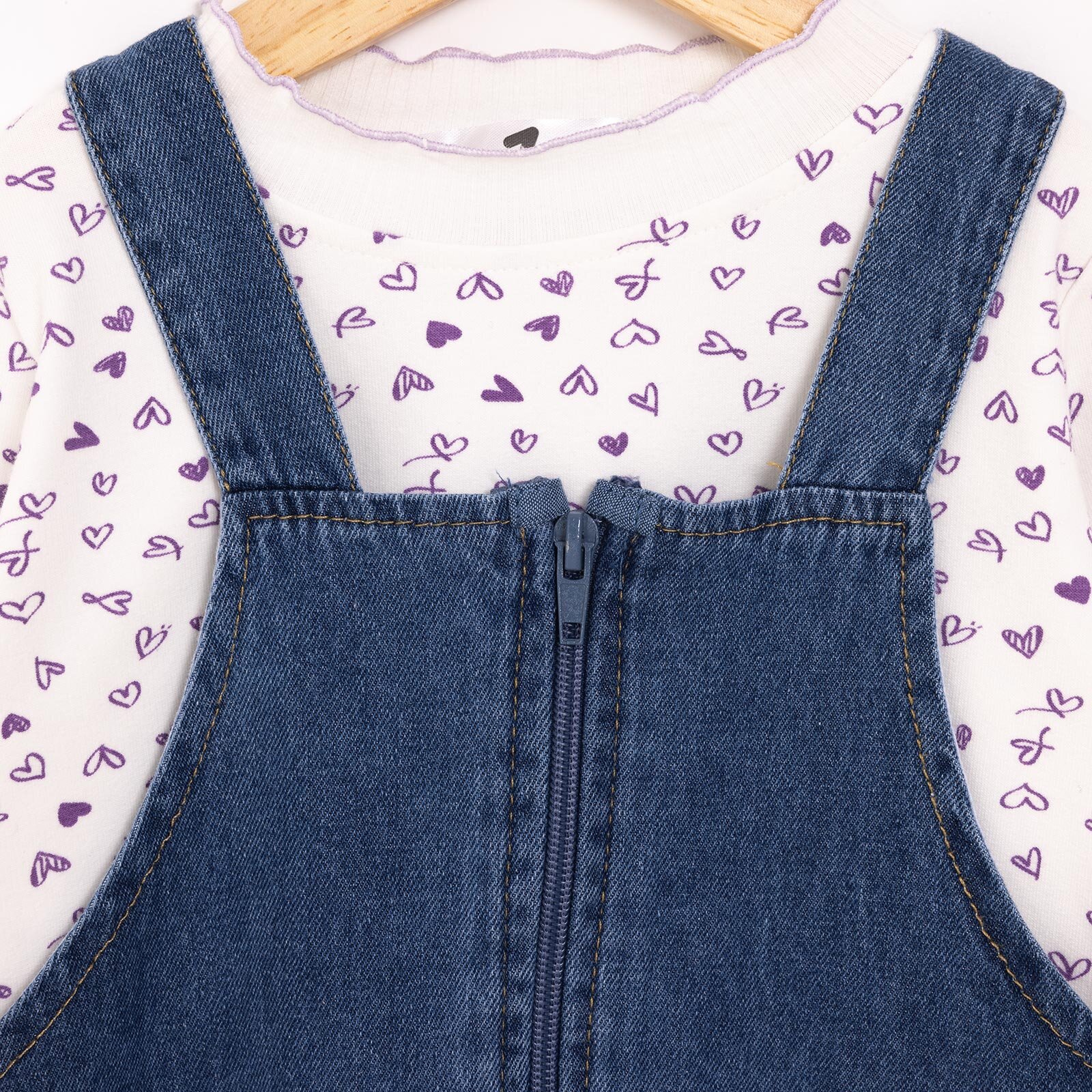 Kız Bebek Elbise - Sweatshirt Set Denim Fermuarlı Pretty Girl Bisiklet Yaka Uzun Kol İndigo