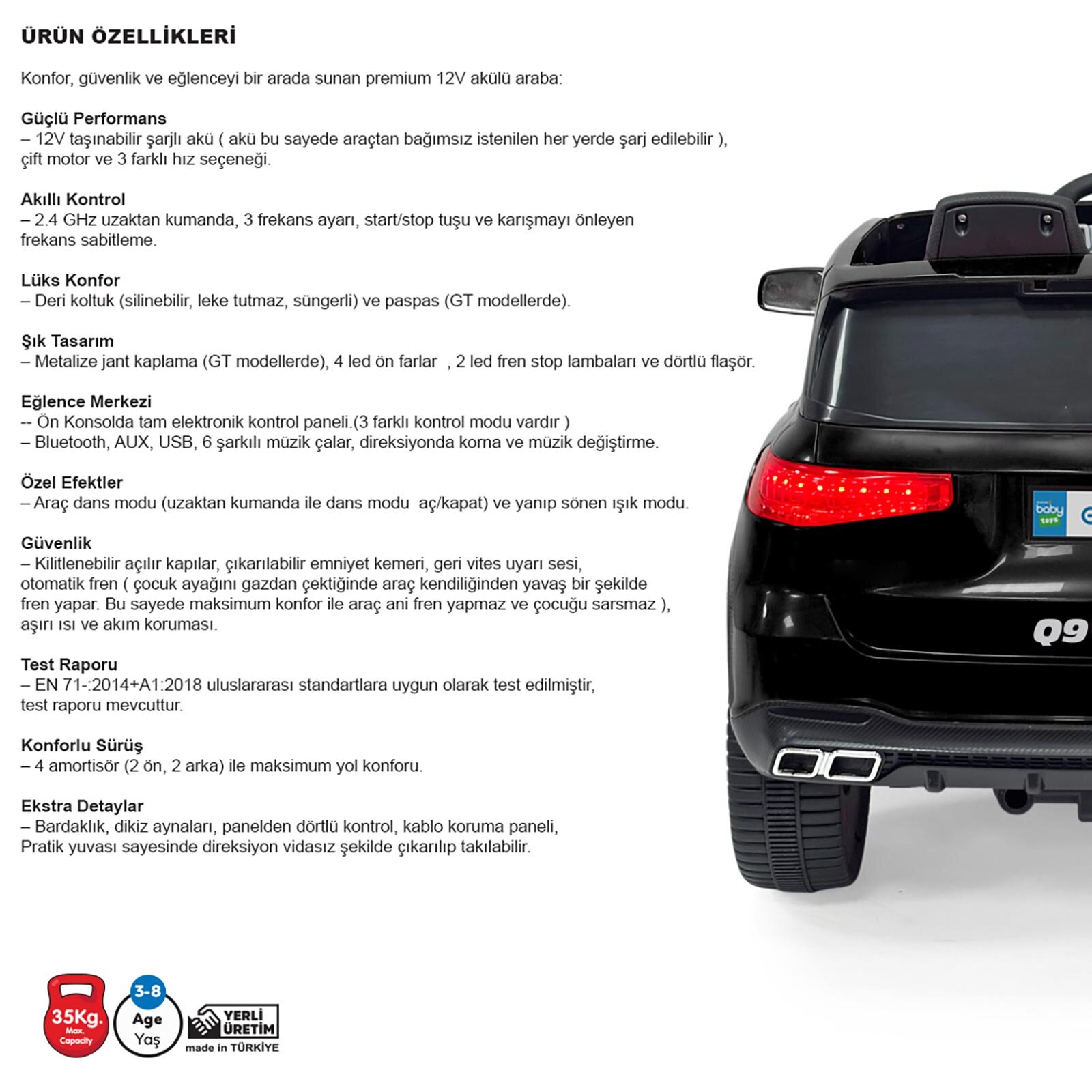 Q9 Prime 12 Volt Uzaktan Kumandalı Akülü Araba