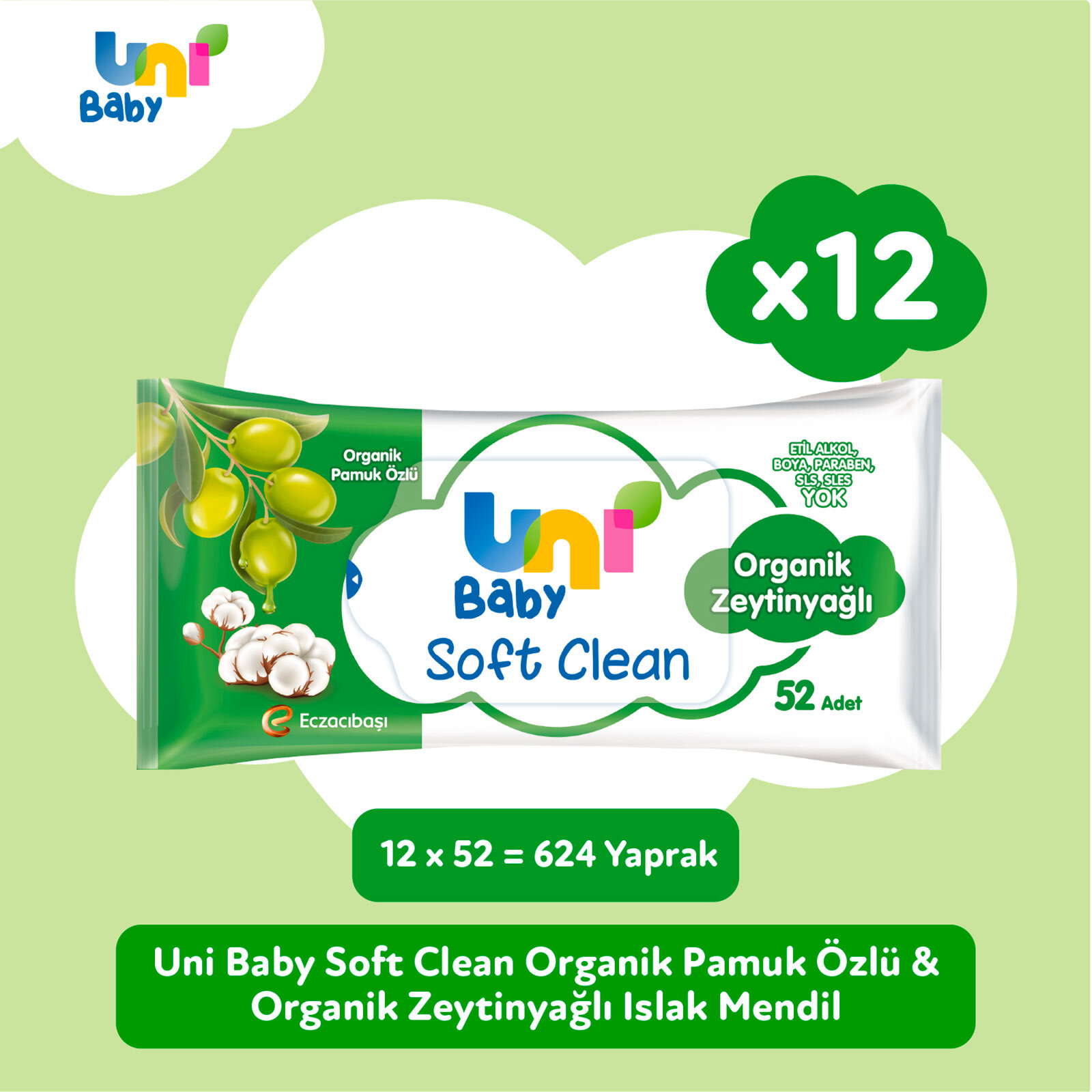 Soft Clean Organik Pamuk Özlü & Organik Zeytinyağlı Islak Mendil 12x52 Adet